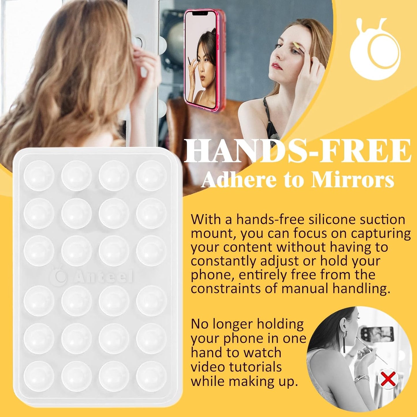 Anteel MAX Silicone Suction Phone Case Adhesive Mount, Upgraded Super Strong Grip, Durable, Easy to Use, Hands-Free Sticky Phone Holder for Selfies, Tiktok Videos, 2.56"x3.94" (BLK&BLK)