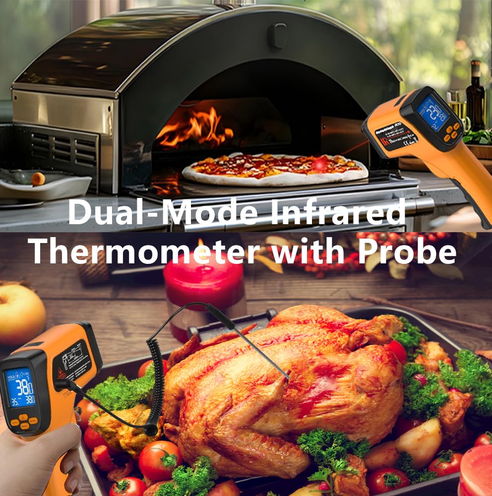 Infrared Thermometer Gun, Non Contact Thermometers Laser Temperature Guns with K-Type Probe, 12:1 Dual-Mode Temp Gun (-58°F to 1472°F) for Cooking, Pizza Oven, BBQ, Home Repairs, HVAC