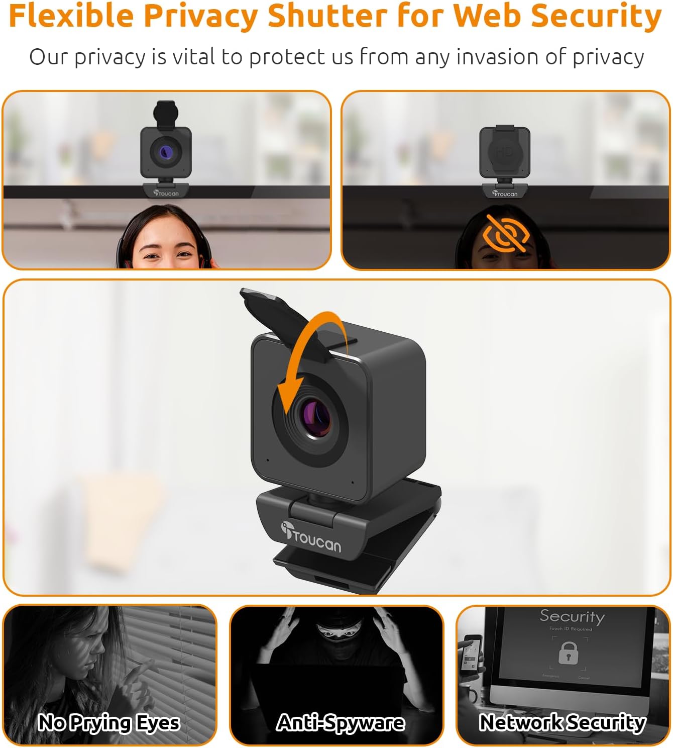 TOUCAN 1080P HD Webcam with Built-in Noise-Cancelling Mic & Privacy Shutter – Wide 90° Angle, Plug & Play USB Video Camera for Video Calls, Streaming, Home Office & Online Classes