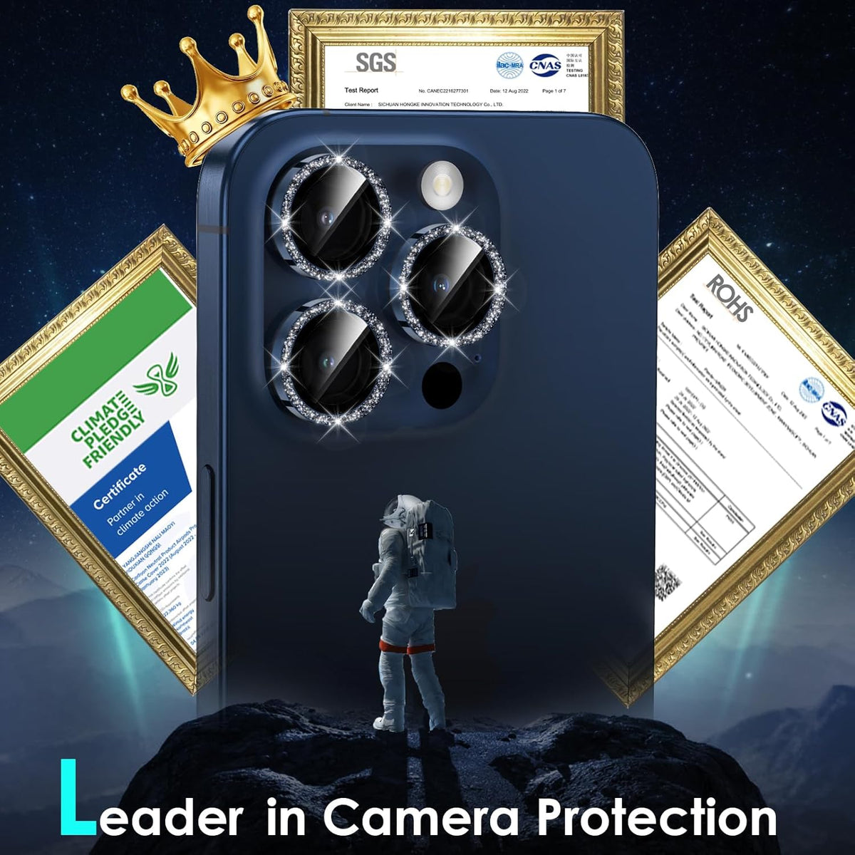 YWXTW Designed for iPhone 15 Pro/iPhone 15 Pro Max Camera Lens Protector Bling, [New Glitter Design] Individual Metal Tempered Glass Camera Cover Accessories Case Friendly (Blue Titanium Glitter)