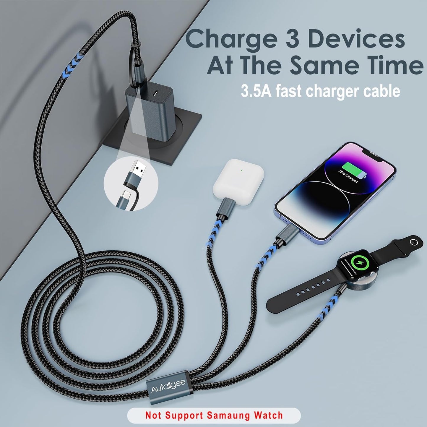 4FT Multi Fast Charging Cable for Apple Watch Charger 3 in 2 USB C Cable Travel Essentials PD20W Charger Block, Compatible with iWatch Ultra/SE/10/9/8/7/6/5/4/3/2/1,iPhone 16/15/14/13/Galaxy S23