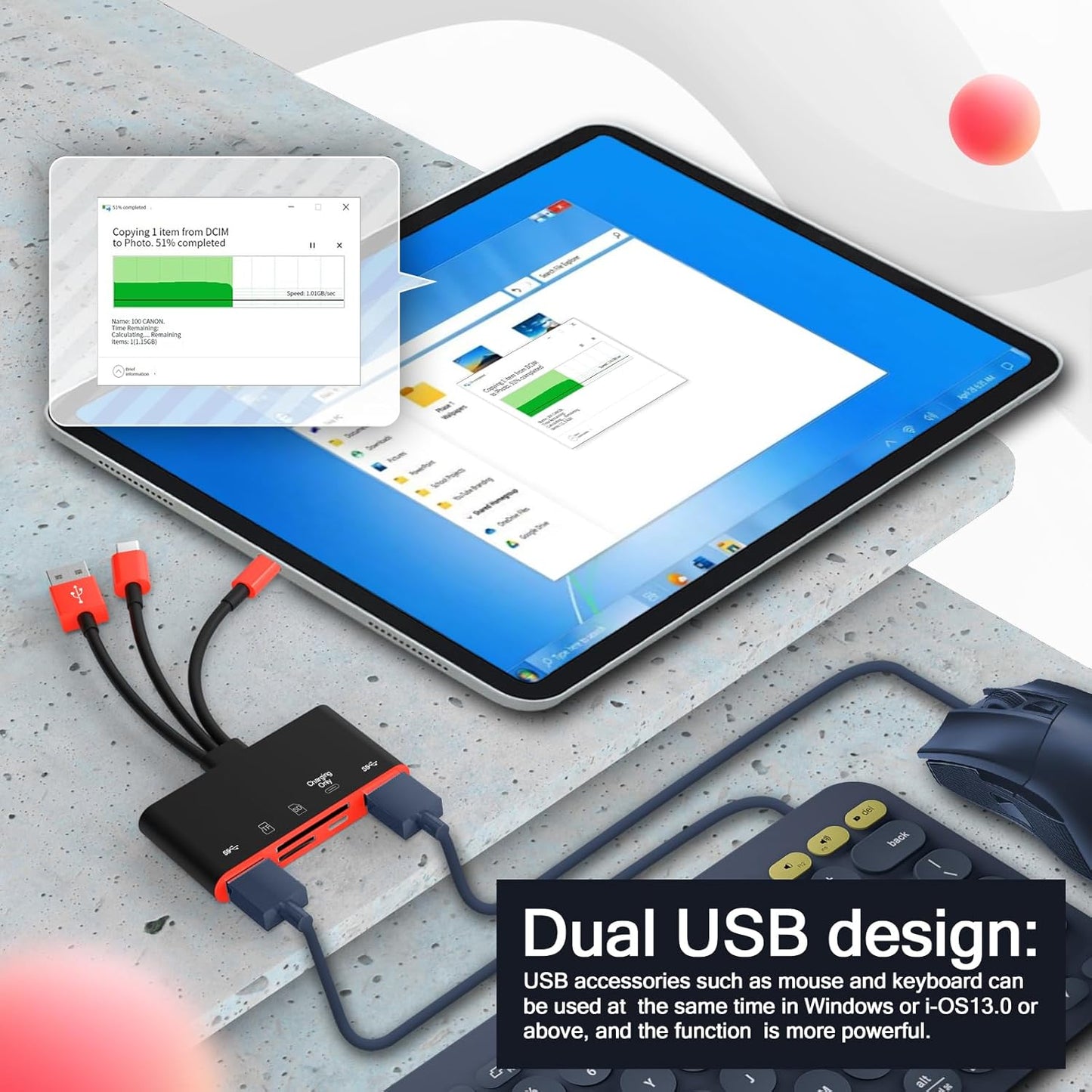 5-in-1 Memory Card Reader, USB OTG Adapter & SD Card Reader for i-Phone/i-Pad, USB C and USB A Devices with Micro SD & SD Card Slots, Supports SD/Micro SD/SDHC/SDXC/MMC(BlackRed)