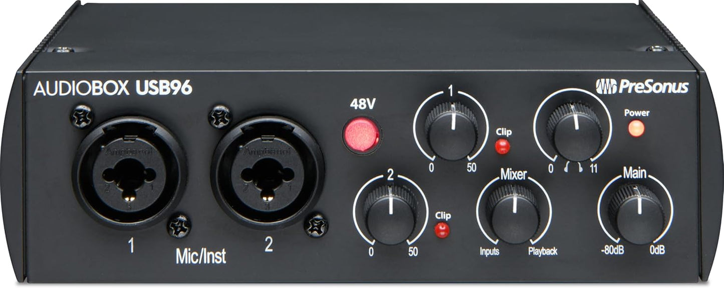 PreSonus AudioBox USB 96 Bundle — USB Audio Interface, XLR Interface for Guitar, Device for PC & Mac, Complete Recording Package with Studio One Pro, Music Production, Home Studio