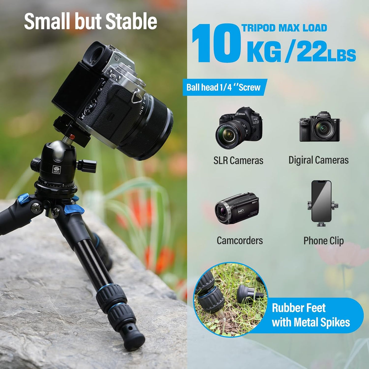 SIRUI AM203 Mini Travel Tripod with 360° B00K Ball Head, Lightweight Aluminum Tripod for Travel and Tabletop Use, Max Load 20lbs/10KG, Folded Height 11.4”, Max Height 16.7”