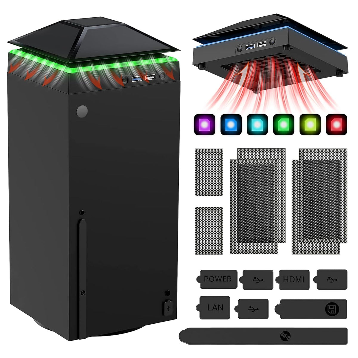 MENEEA Cooling Fan Dust Proof for Xbox Series X Console with Colorful Light Strip,Dust Cover Filter,Rubber Dust Plugs,Low Noise Top Fan with 3 Gears,Cooler&Light Independent Touch Switch, 2 USB Port