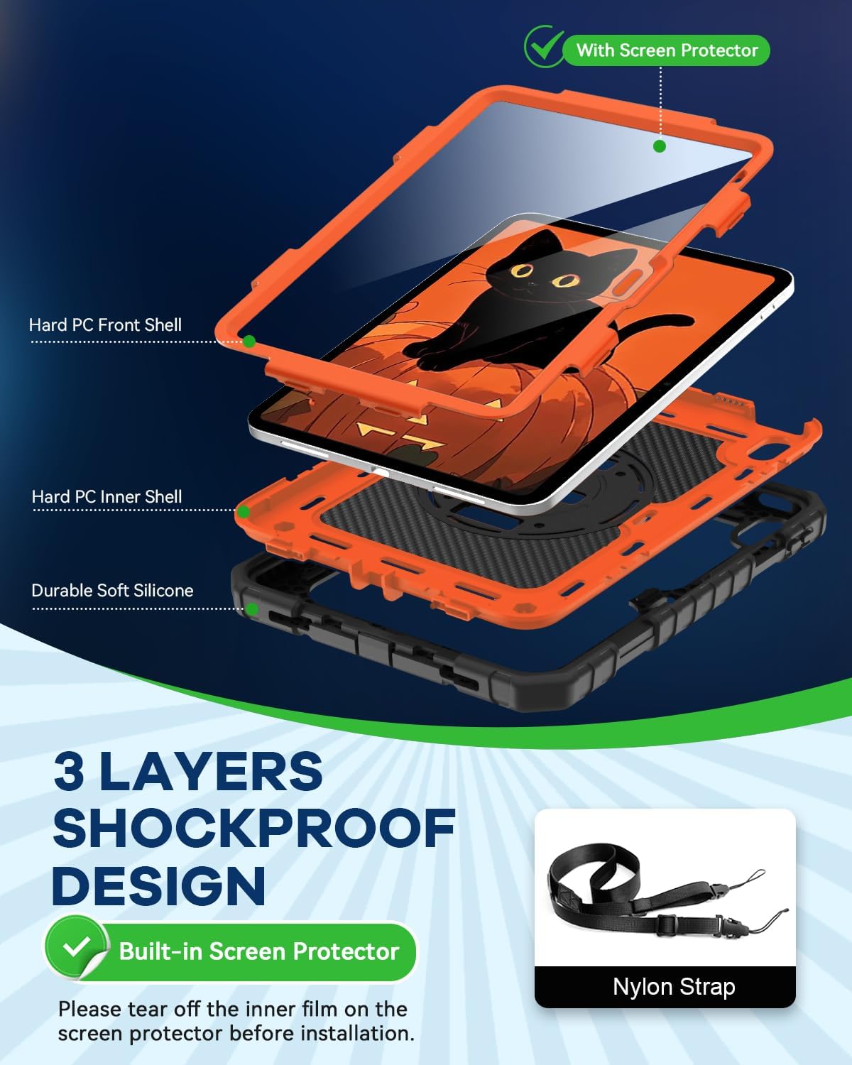 Cantis Case for iPad 11-inch (A16) 2025/ iPad 10th Generation 2022 (10.9 inch) with Screen Protector, iPad 11th Case with 360 Degree Rotating Stand/Shoulder Strap/Pencil Holder, Black+Orange