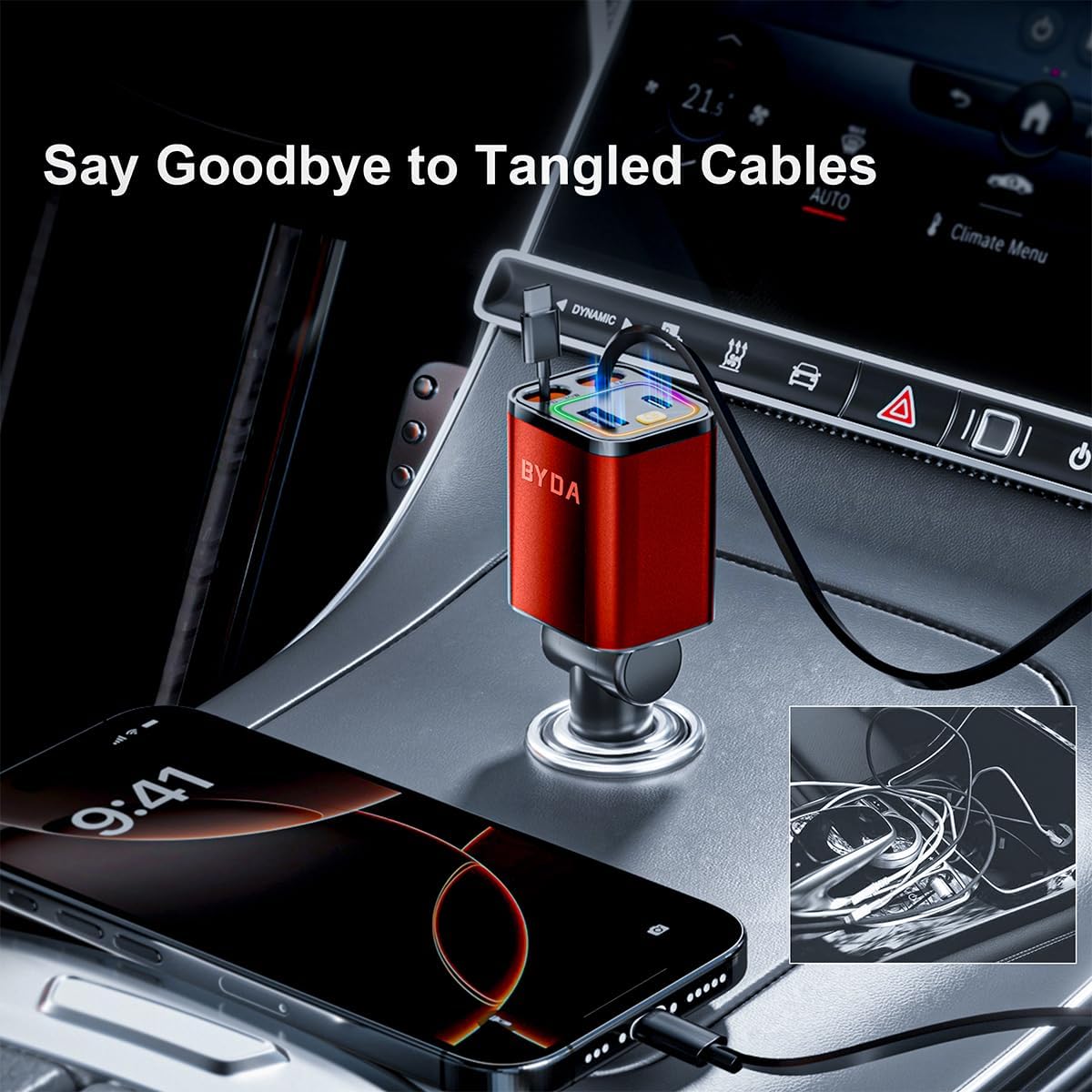 [2025 Mirco-Version] 4 in 1 Retractable Car Charger,69W Car Charger USB C,Cigarette Lighter Adapter,Fast Charging for iPhone 16e/16/15/14,13,Android (Orange, for Lightning+USB-C)