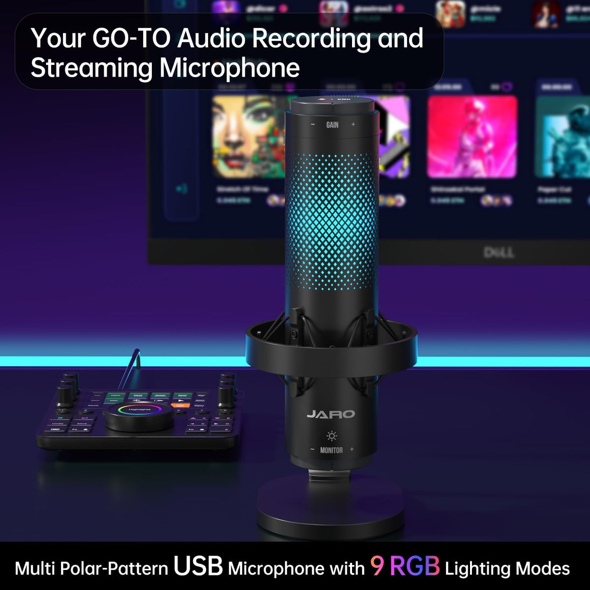 JARO USB Multi-Polar Pattern Condenser Microphone with Mute Noise Cancelation RGB for Podcasting Gaming Streaming YouTube Zoom AMSR Singing Recording [Compatible with PC Laptop Mac PS4/5], J101-CS