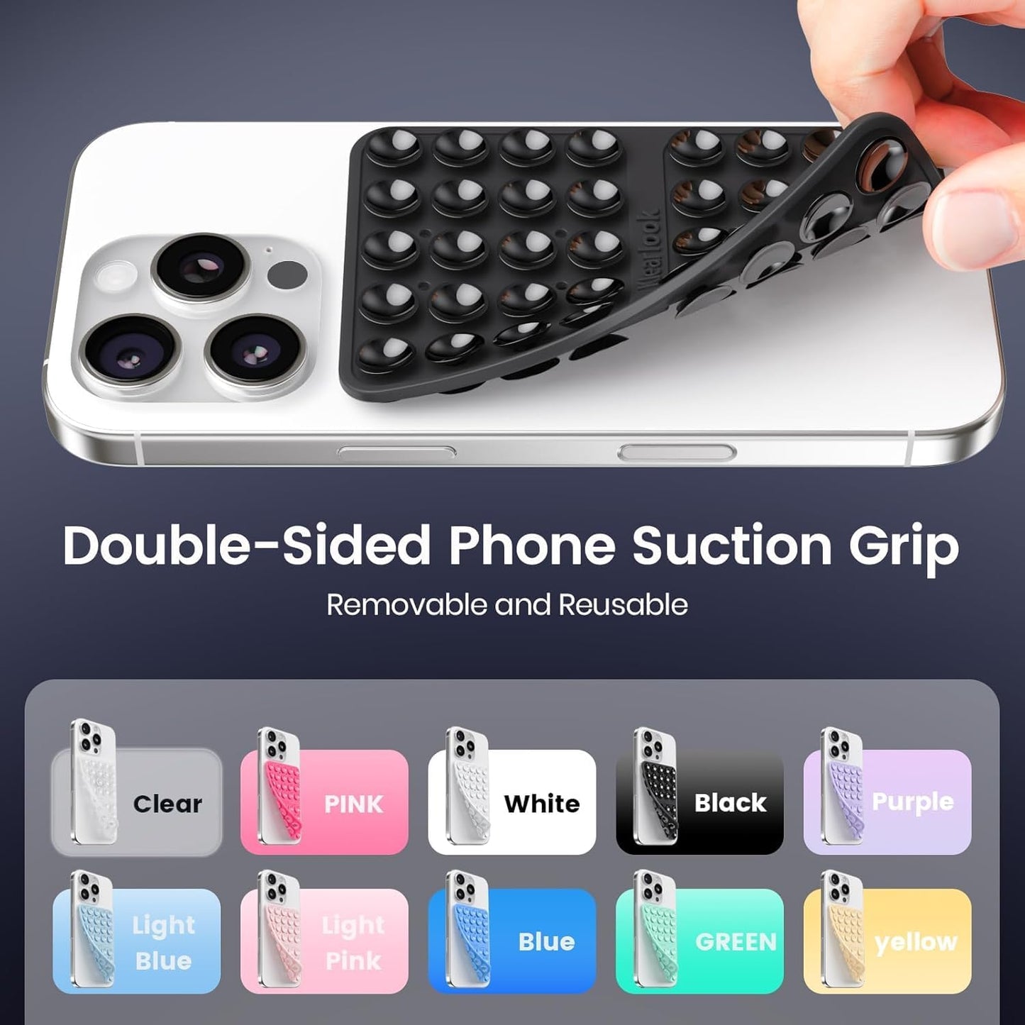 Klearlook 4Pack Silicone Suction Cup Phone Case Mount Double Sided, Sticky Phone Grip for Cell Phone, Hands-Free Phone Accessories for Selfies and Videos, Clear & Light Pink & Black & White