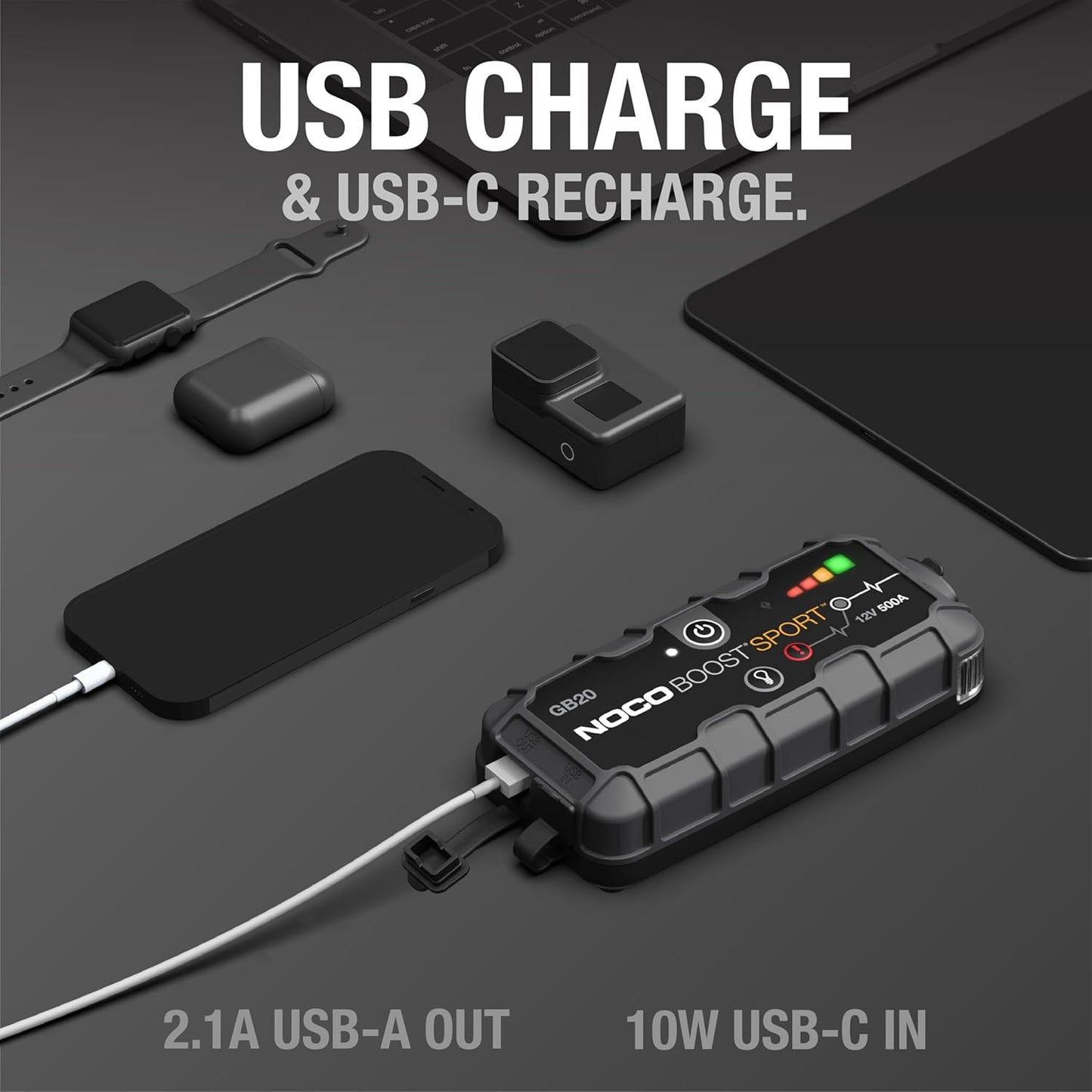 NOCO Boost GB20: 500A UltraSafe Jump Starter – 12V Lithium Battery Booster Pack, Portable Jump Box, Power Bank & Jumper Cables - for 4.0L Gas Engines