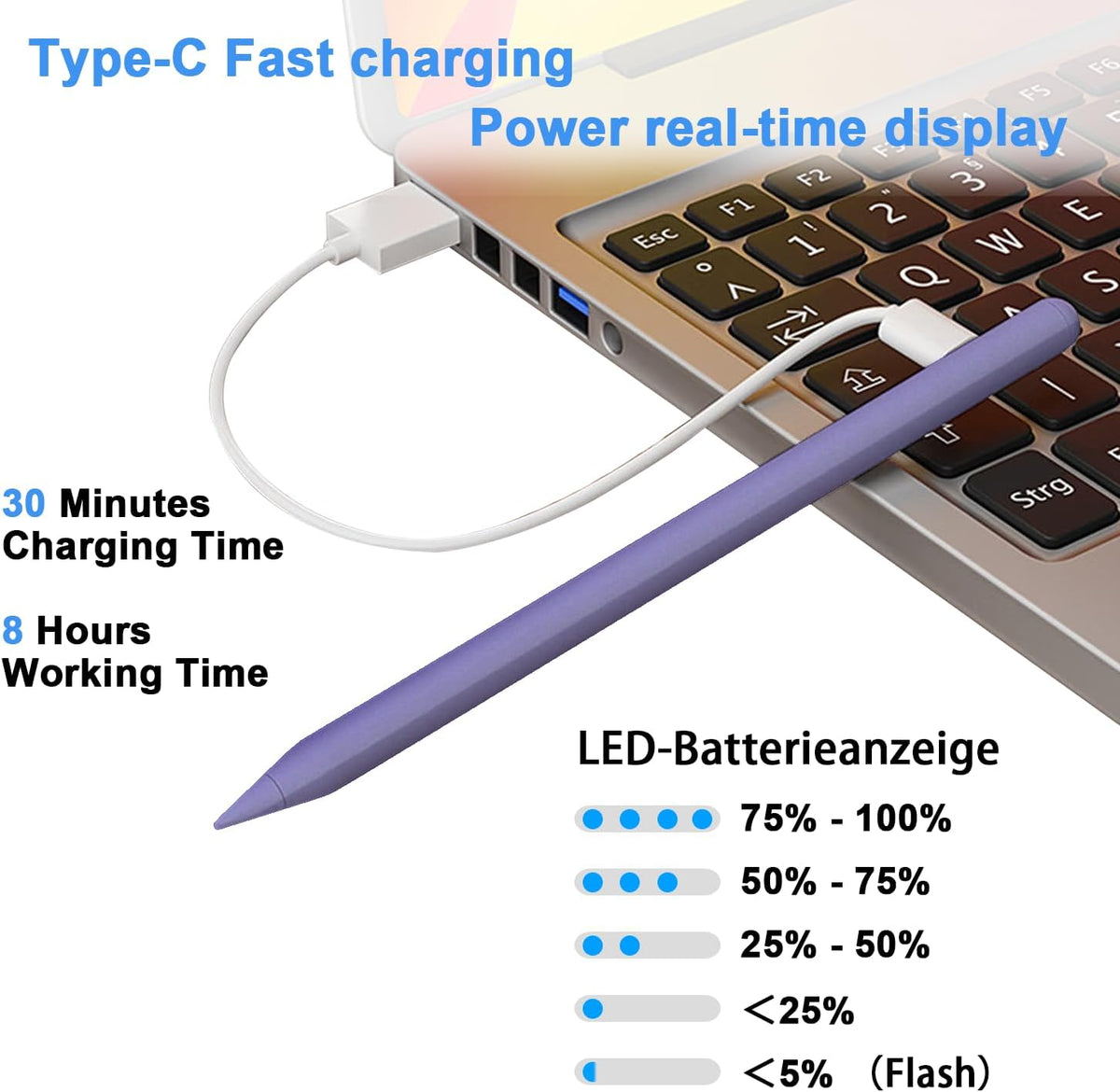 Stylus Pen for iPad 9th&10th - Type-c Charging Pencil for ipad Palm Rejection Active Pen Compatible with (2018-2025) Apple iPad 6/7/8/9/10/11(A16), Air 3/4/5/M2/M3, Mini 5/6, Pro 11"/12.9"/M4（Purple）