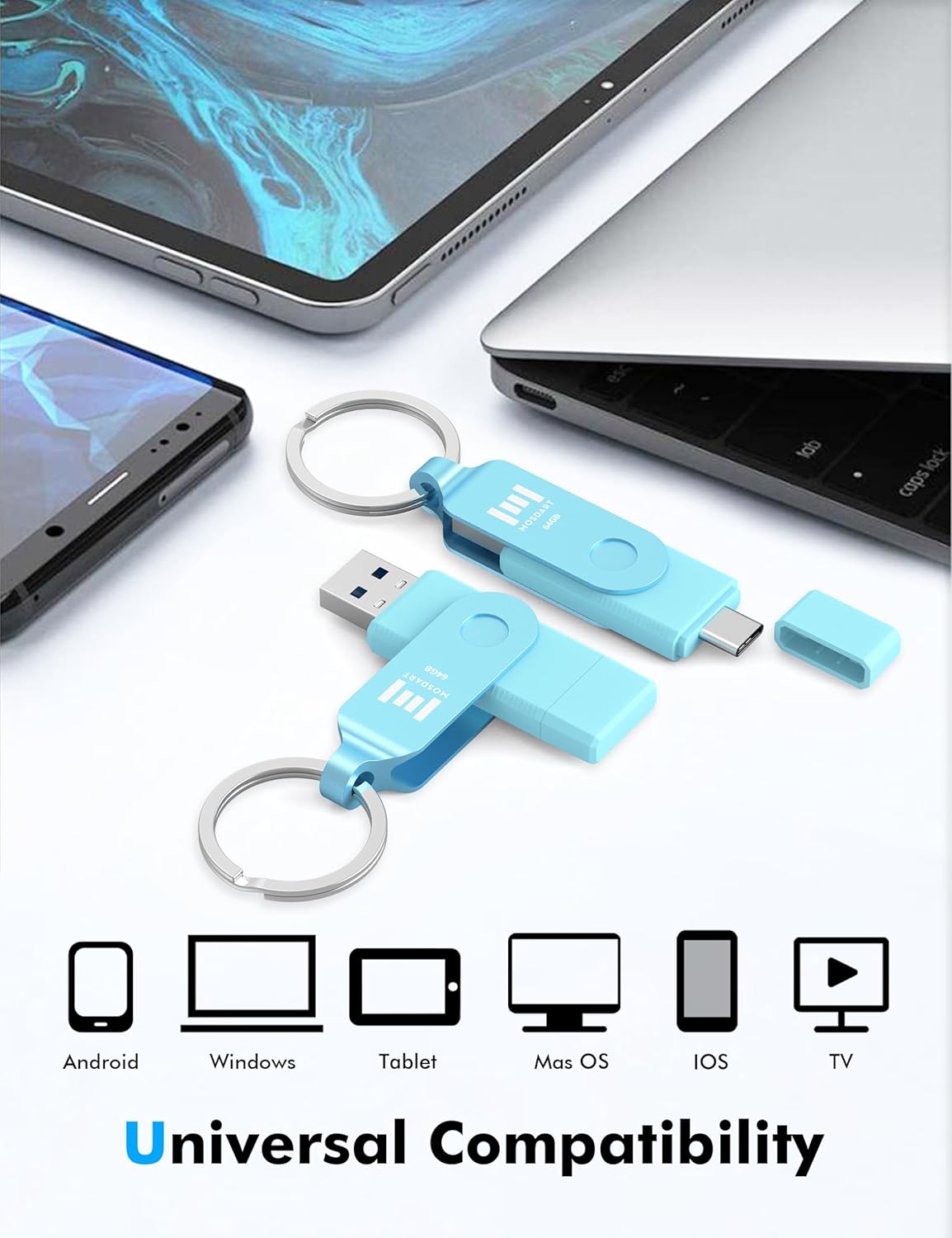 MOSDART 64GB USB3.1 Fast Speed C and A Dual Flash Drive, exFAT Memory Stick with Keychain and LED Indicator, for iPhone 15 and 16, Android Phone, iPad, MacBook, and Other Laptops, Sky Blue