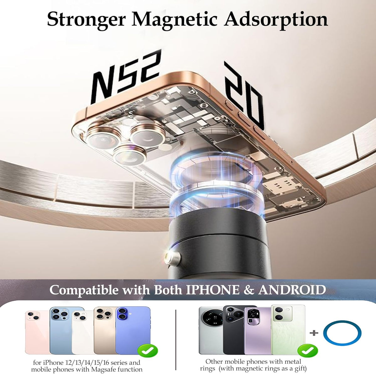 Foldable Vacuum Magnetic Suction Phone Holder,Retractable Magnetic Car Cellphone Holder,Hands-Free Portable Multifunctional Vacuum Suction Phone Mount for Car, Mirror, Gym, Kitchen (White)