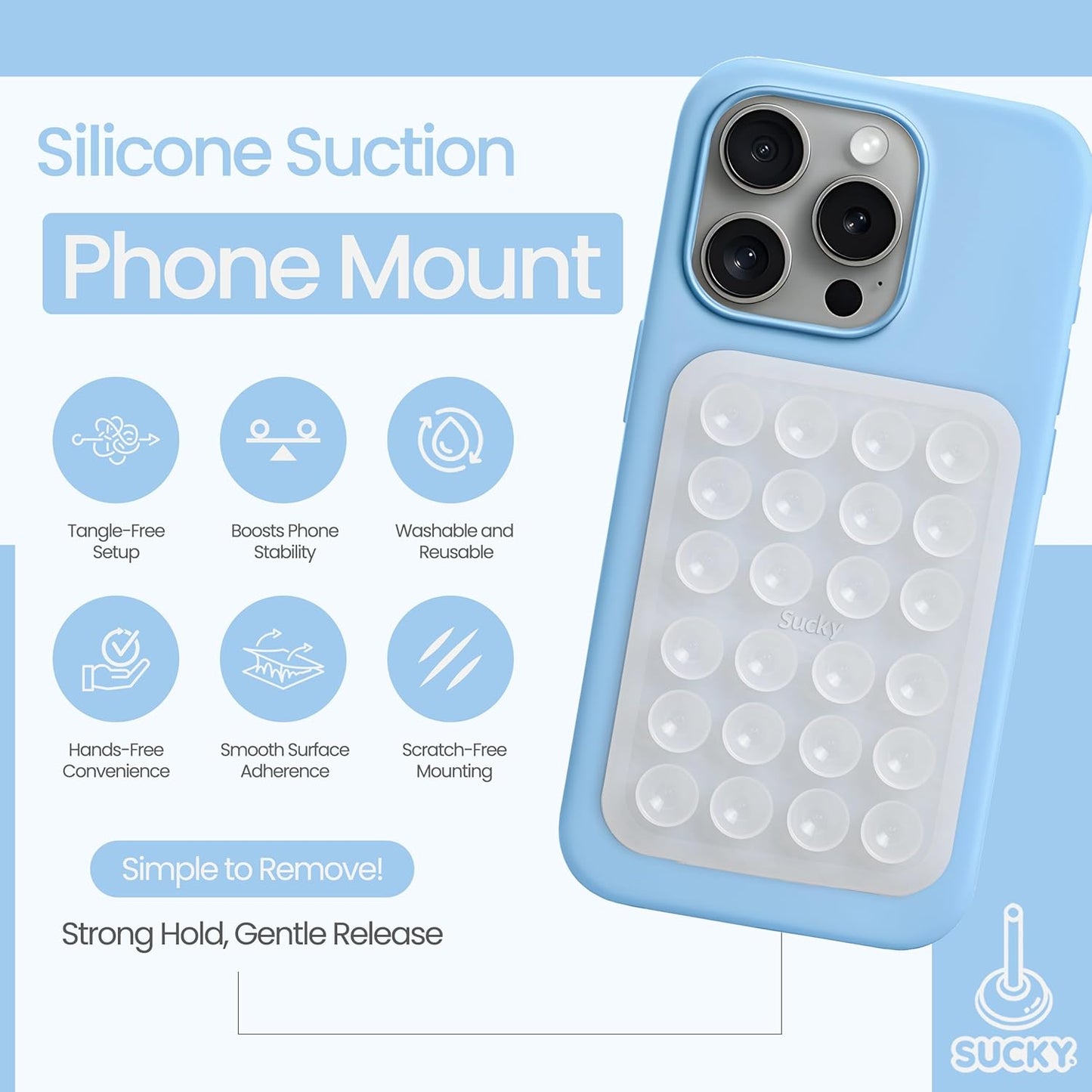 SUCKY Silicone Suction Phone Case Adhesive Octo Cup Buddy Mount - Anti-Slip Holder, Hands-Free Phone Accessory for iPhone & Android - Sticky Grip for Selfies, Videos - Clear