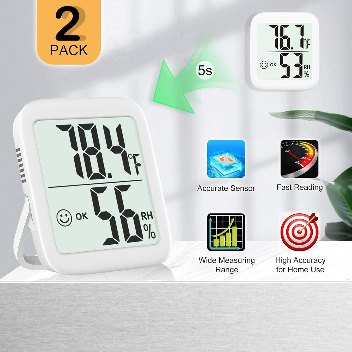 Antonki 2 Pack Room Thermometer for Home, Indoor Hygrometer Humidity Meter Gauge, Digital Temperature and Humidity Sensor Monitor for House, Terrarium, Incubator, Greenhouse - Battery Included