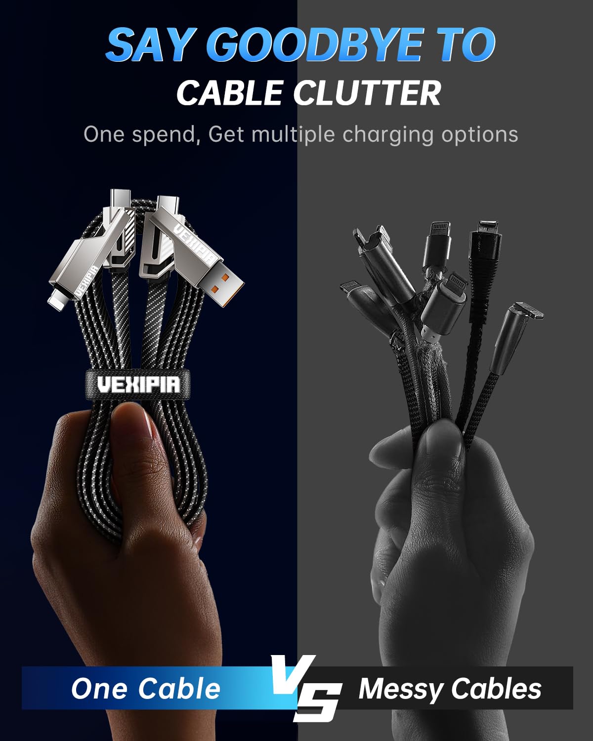 [Upgraded] 4-in-1 USB C Cable 60W 3FT Lightning Cable Fast Charging Flat Nylon Braided for iPhone iPad Charger Cord [480Mbps Data Sync] Multi Charge Combo with Lightning/Type C/USB A Port