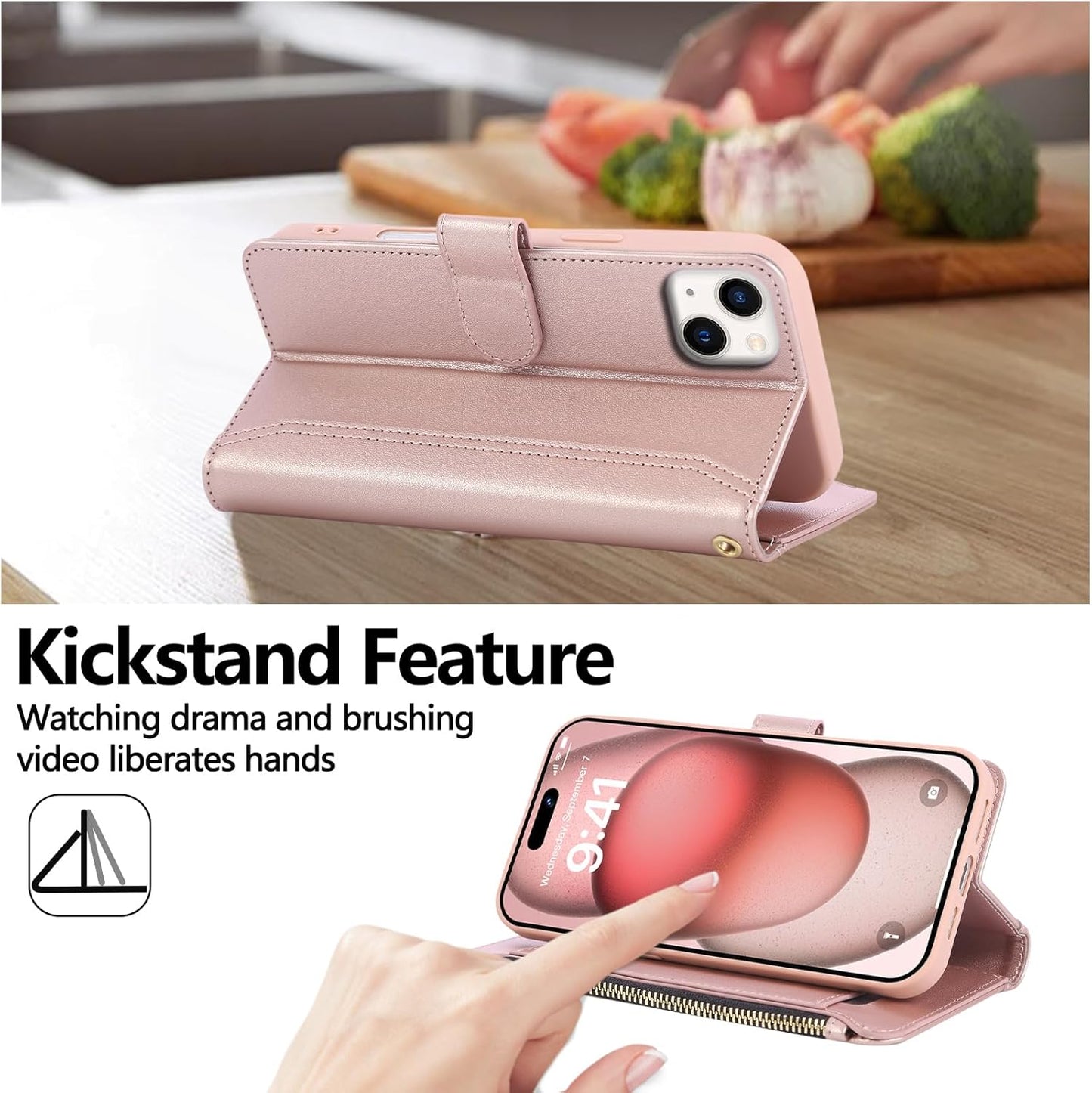 Compatible with iPhone 13/14 Wallet Phone Case-PU Leather Magnetic Flip Cover with Credit Card Slots,Zipper Pocket & Detachable Wrist Strap,Shockproof Design,for Women and Men-Pink