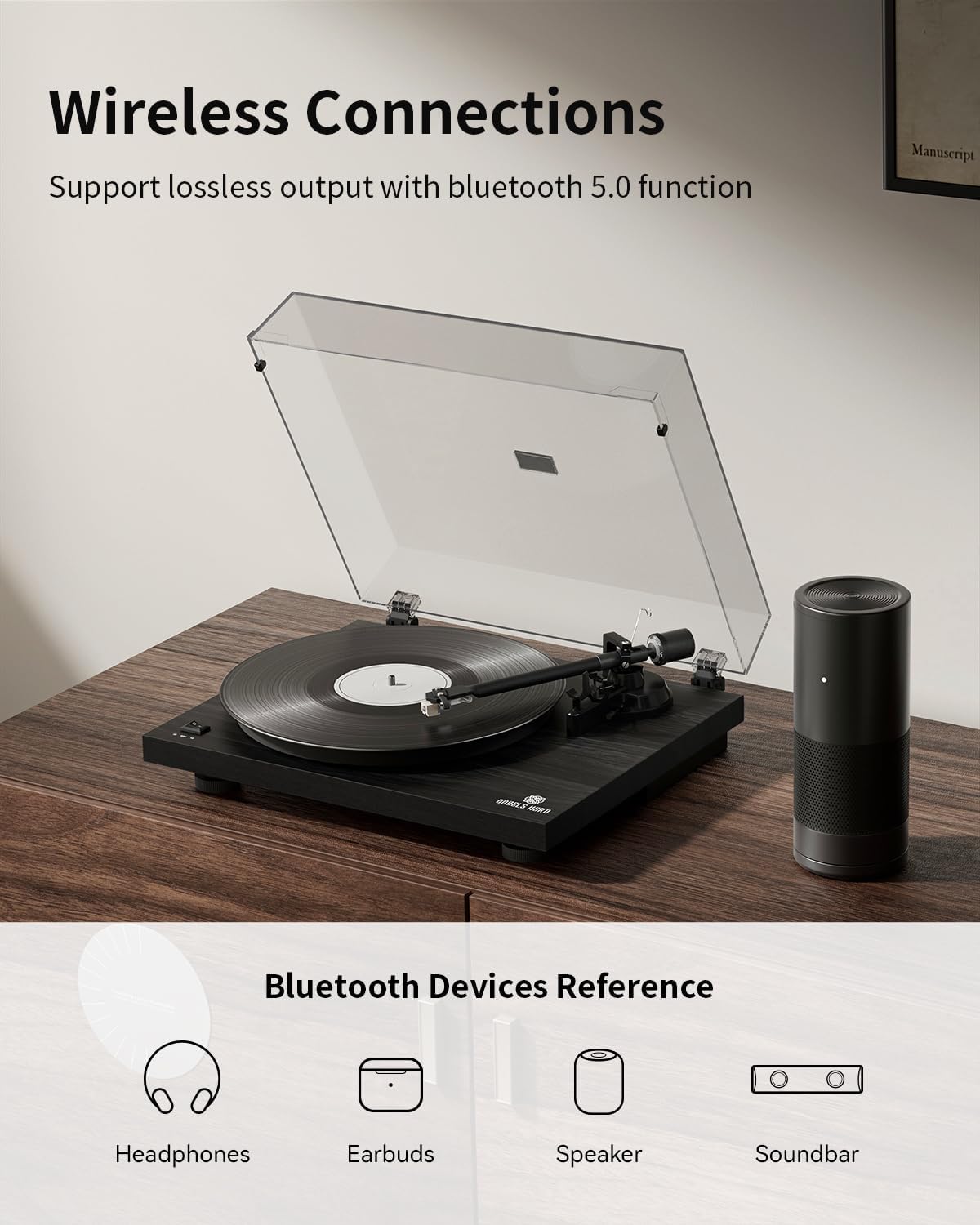 ANGELS HORN High Fidelity Vinyl Record Player, Bluetooth Turntable, 2 Speed Belt Drive, Built-in Preamp, Adjustable Counterweight,Magnetic Cartridge (Black)