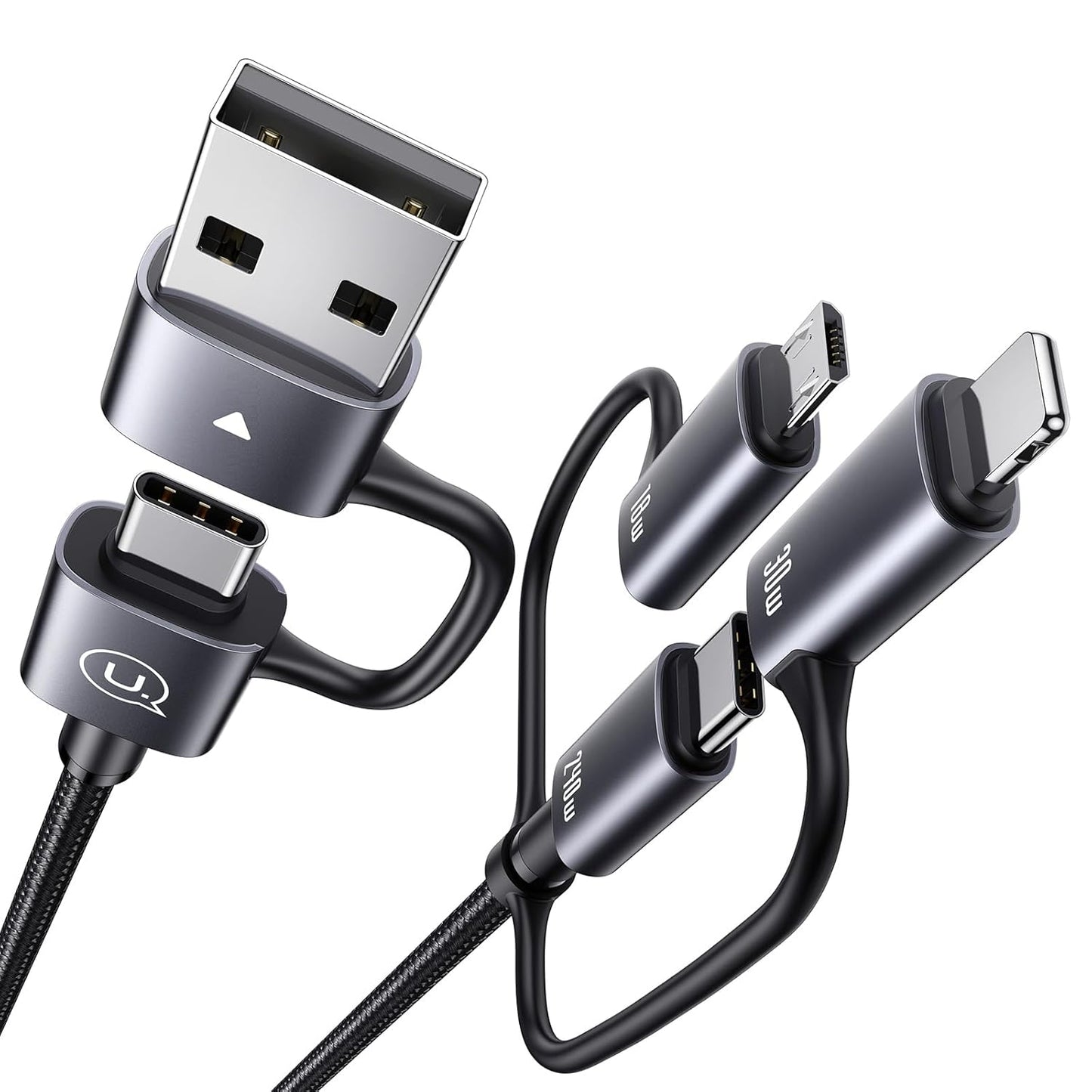 240W Multi Charging Cable, 4ft 6-in-1 USB C Cable Fast Charging Cords with USB-C/A Ports to IP/Type C/Micro Connectors for Pad/Cell Phones/Tablets/Laptop