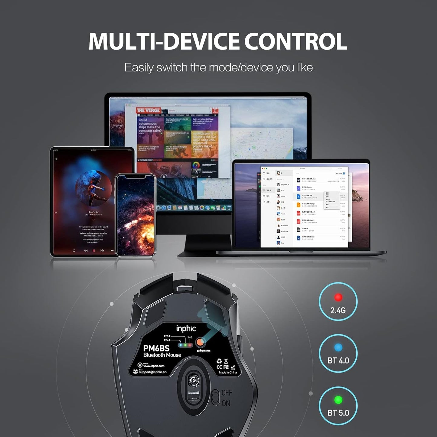 INPHIC Multi-Device Bluetooth Mouse, Upgraded Visible Battery, 2400 DPI, Silent Ergonomic Computer Wireless Mouse for Laptop, Mac, PC etc.