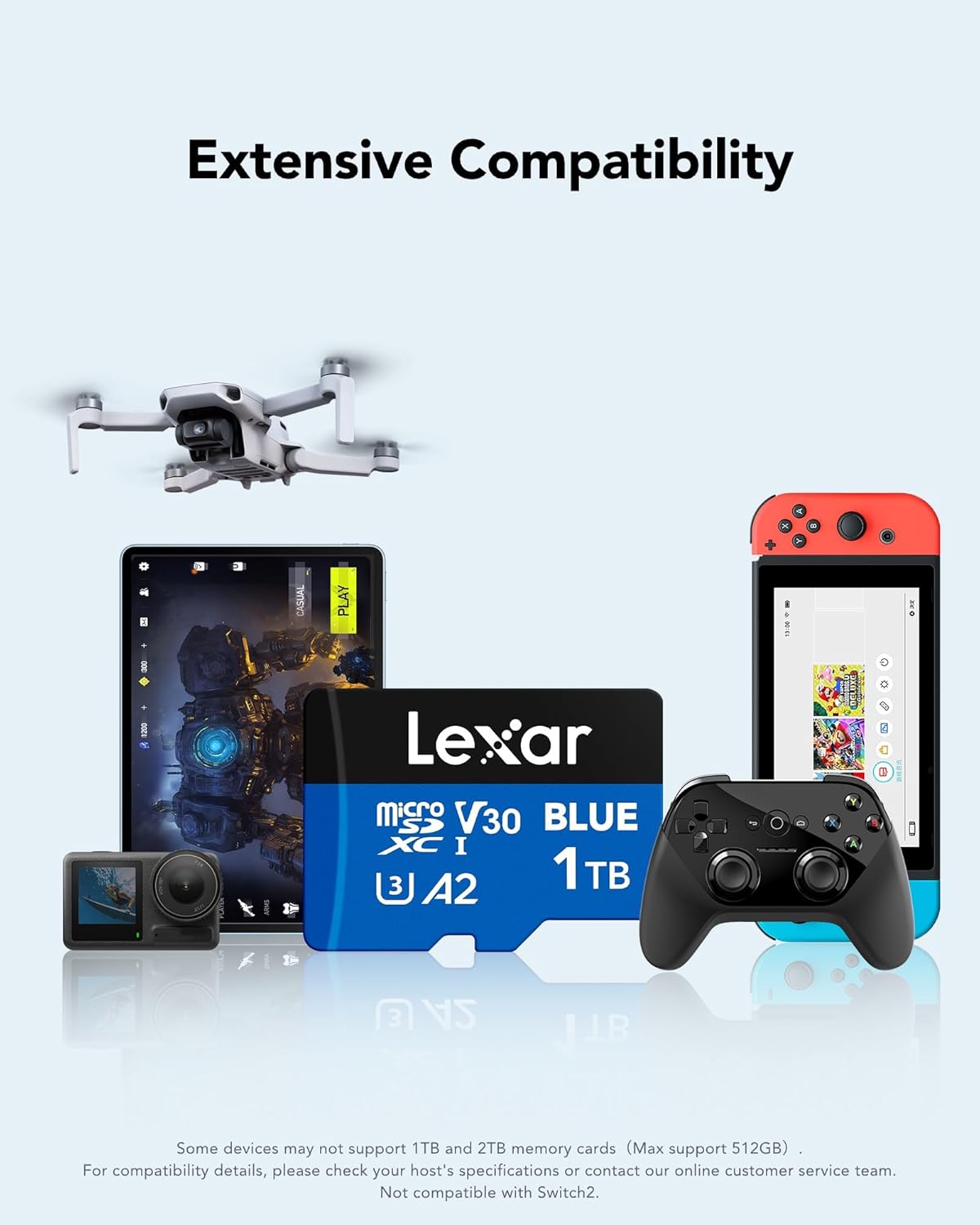 Lexar 1TB Blue Micro SD Card Up to 160MB/s, microSDXC UHS-I Memory Card with SD Adapter, C10, U3, A2, V30, Full HD, 4K UHD, High Speed TF Card