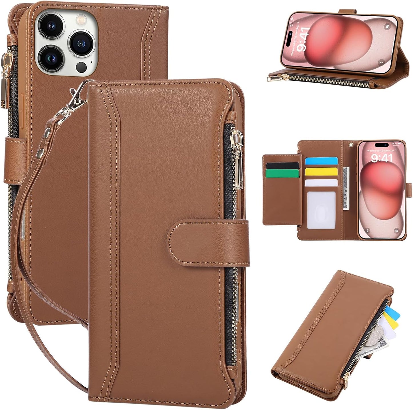 Compatible with iPhone 14 Pro Wallet Phone Case-PU Leather Magnetic Flip Cover with Credit Card Slots,Zipper Pocket & Detachable Wrist Strap,Shockproof Design,for Women and Men-Brown