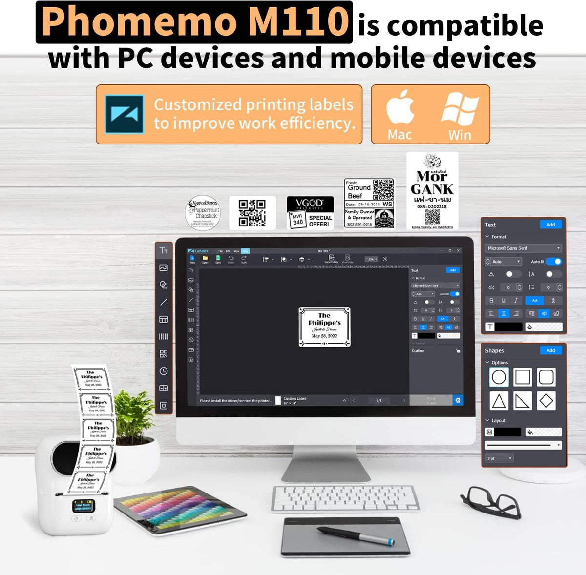 Phomemo M110 Label Makers - Portable Bluetooth Thermal Label Maker Machine,Label Printer for Barcode, Clothing, Jewelry, Retail, Mailing, for Android & iOS, with 1Pack 40×30mm Label, White