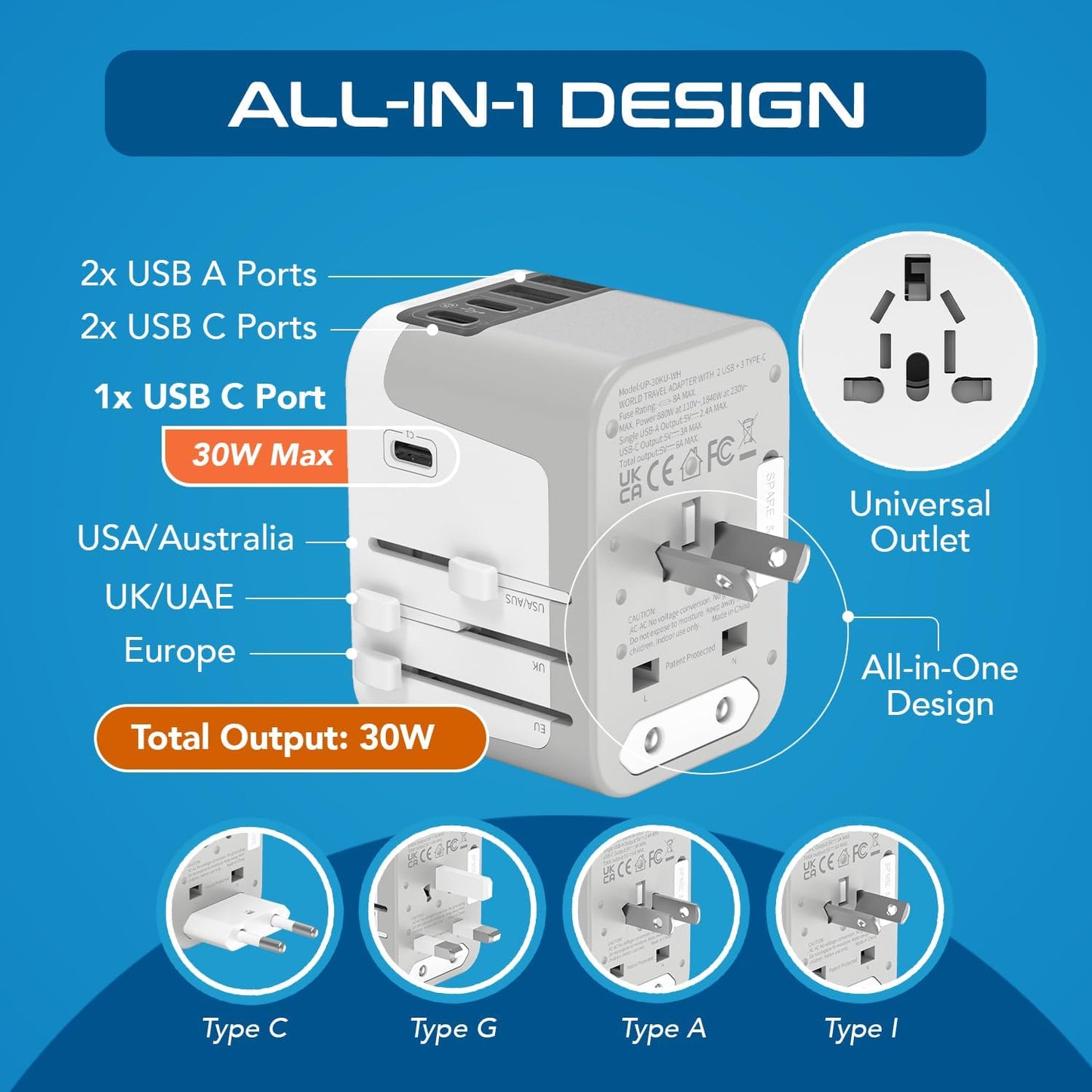 Ceptics 6 in 1 Universal Travel Adapter, Universal Outlet w/ 2X USB-A and 3X USB-C 6A, Travel Power Adapter for use in EU, UK, US, AU and More, Universal Plug for Mobiles, Laptops- UP-30KU-WH