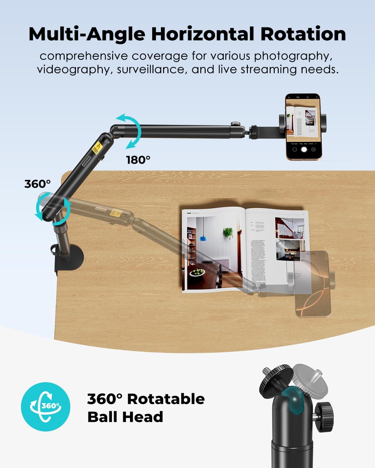 Viozon Overhead Camera Mount, Overhead Phone Stand, Flexible Aluminum Alloy Spring Arm with 360° Ball Head,1/4"&3/8" Interface for DSLR Camera/Rrojector/Microphone/Ring Light/Webcam/Phone
