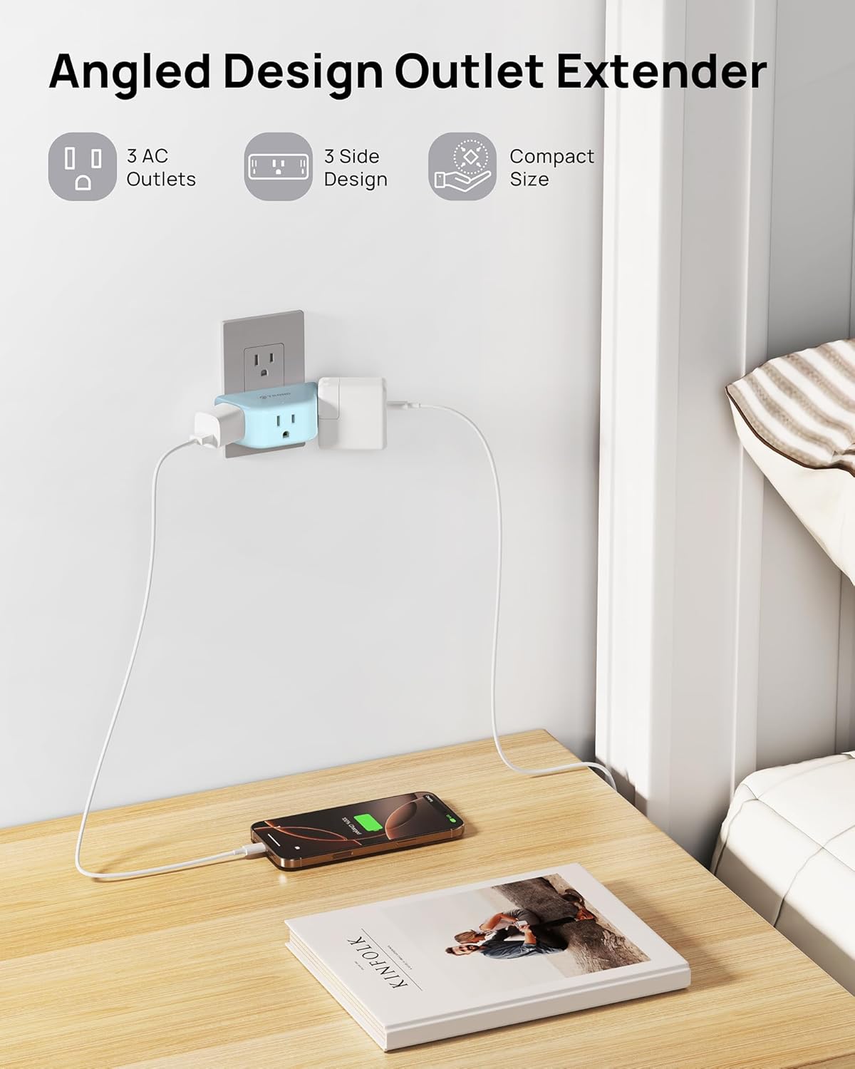TROND Outlet Extender, 3 Way Angled Plug Splitter, 3-Prong Grounded Wall Outlet Adapter, Cruise Essentials, Compact and Practical Plug Expander for Home Decoration Travel Essentials, Mint Green