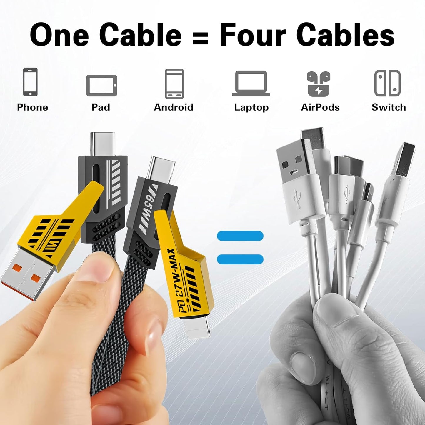 2Pack 4 in 1 Fast Charging Cable, Transferring Data, 6.65 Ft, Braided Cable 65W, USB C USB A and IP, Multiple Charging Cable for Phone/Pad/More
