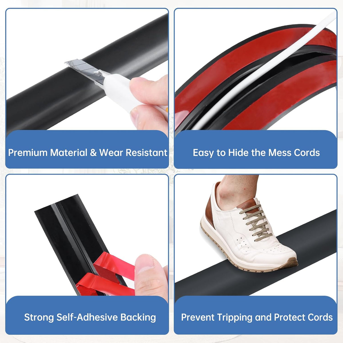 Floor Cord Cover Self Adhesive Cord Hider Floor Extension Cord Covers for Floor Power Cord Protector Cable Management Prevent Cable Trips Cable Cavity 0.32" W x 0.32" H (Black, 10Ft)