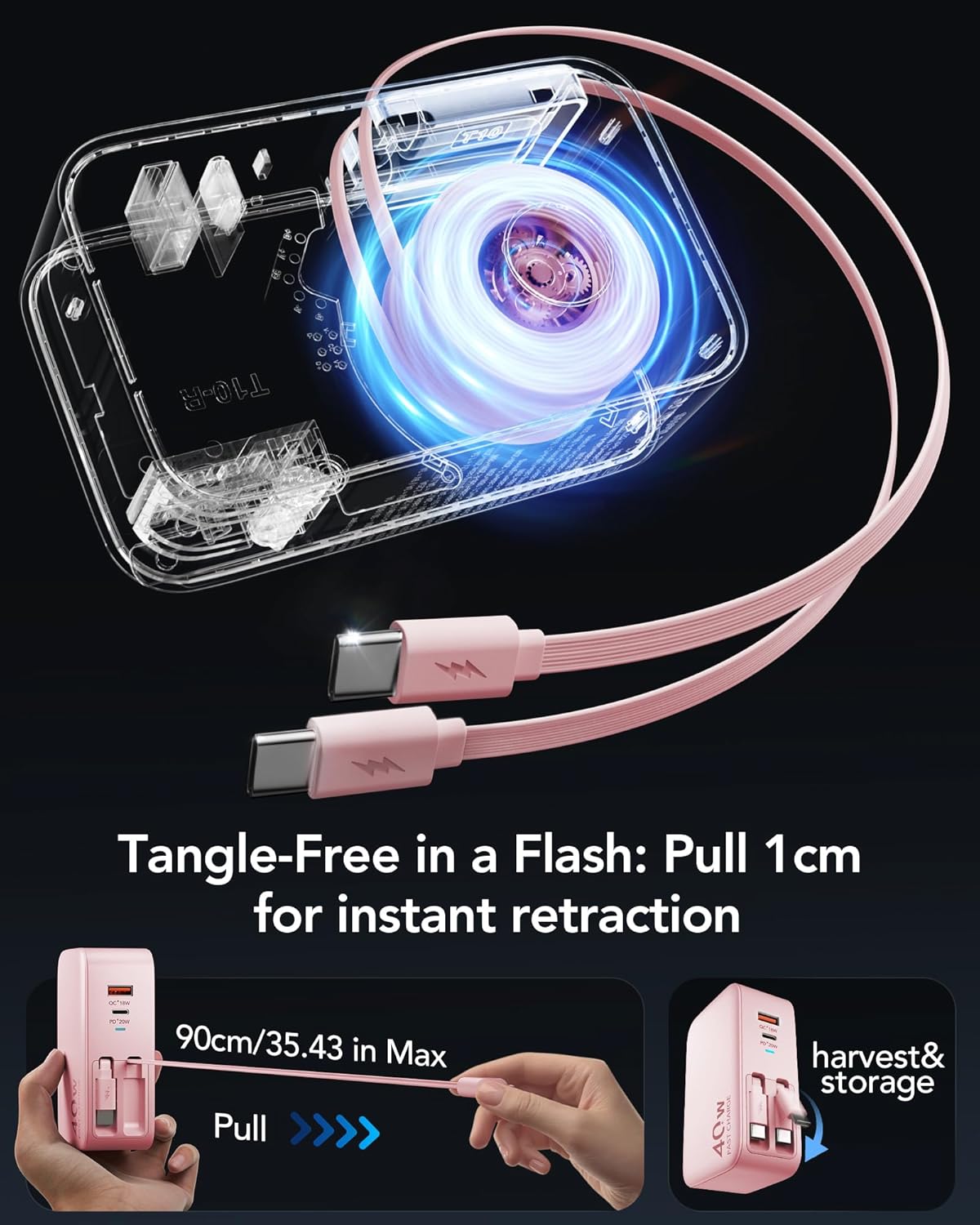 Retractable USB C Charger Wall Plug with Dual 35.5in/90cm Type C Cables Cords,40W Fast Charging Foldable Block Multi Charger for All Devices for iPhone 16/15/14/13/12/11,iPad,Galaxy,Pixel