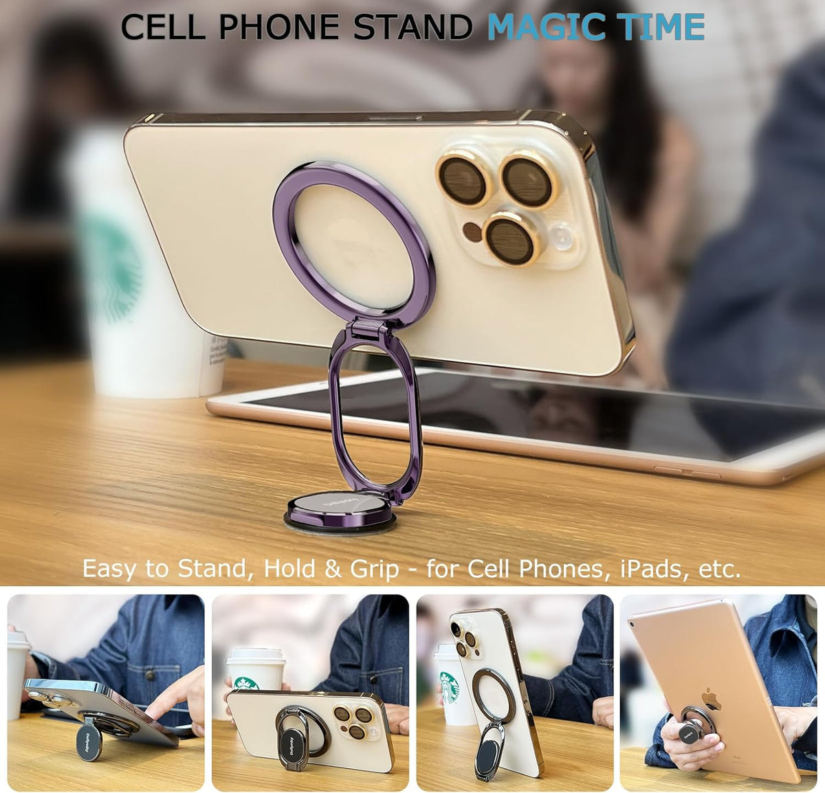 Magnetic Phone Ring Holder, Double Adjustable Phone Grip and Stand Compatible with MagSafe Ring Holder, Compatible with PopSockets MagSafe Ring Removable for iPhone & Android Phone, Purple
