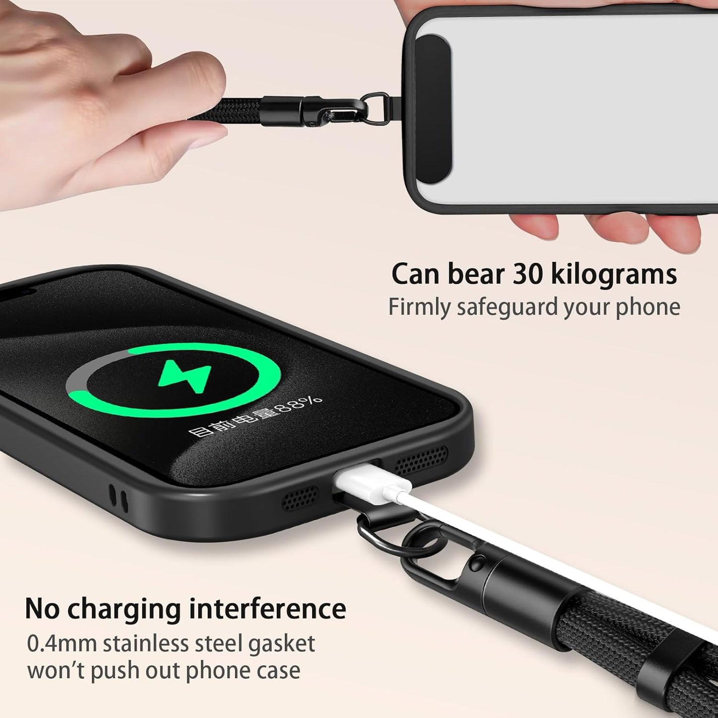 Phone Lanyard 2 Pcs - 1 Phone Wrist Strap, 1 Adjustable Crossbody Cell Phone Lanyard, 2 Metal Pads and 360° Rotating Metal Clips - Skin-Friendly, Universal for Most Phones (Black)