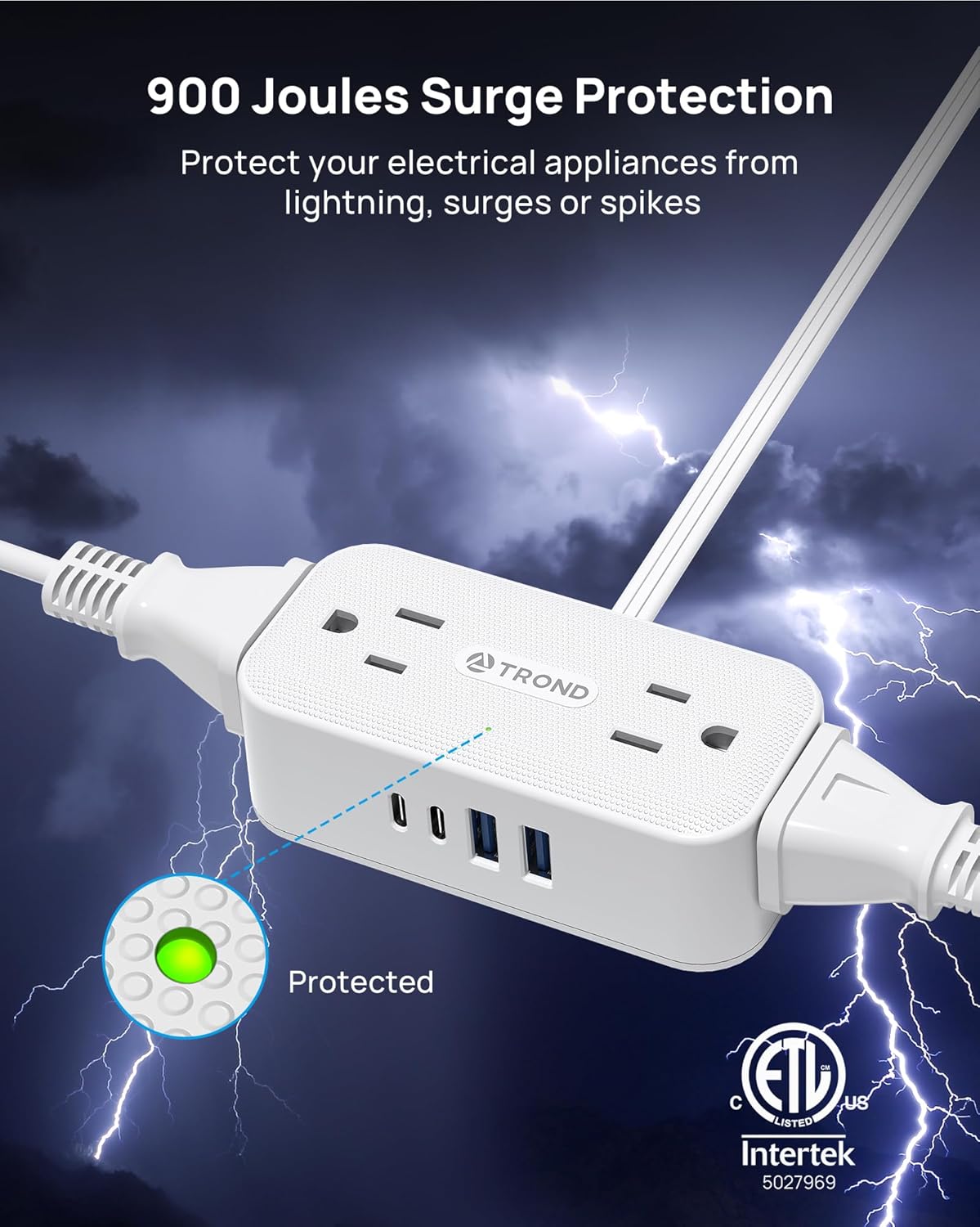 TROND 360° Rotating Flat Plug Power Strip, 10FT Extension Cord with 4 USB Ports, 4 Wide Spaced AC Outlets, Wall Mount, Surge Protector Power Strip for Office Travel Dorm Room Essentials, White