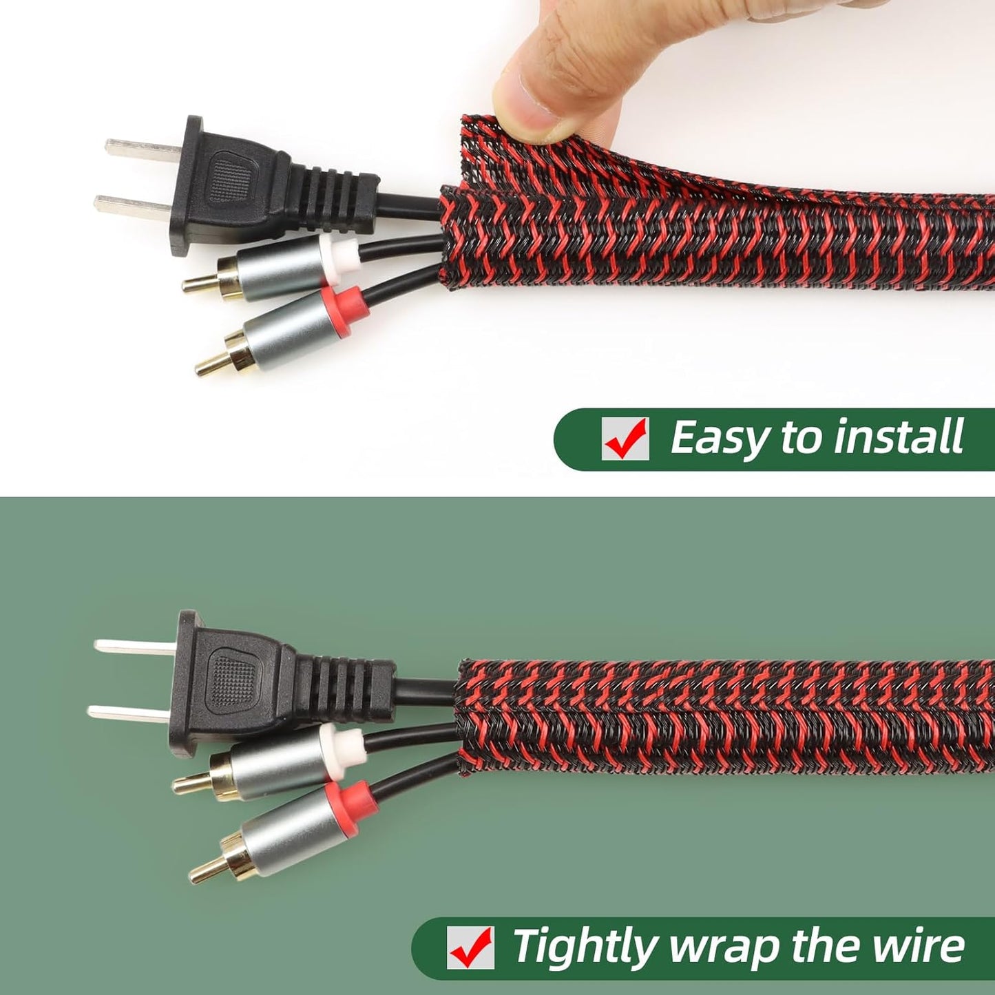 Split Wire Loom Tubing, Cable Protector Sleeve, Braided Cable Management for TV/Computer/Home Theater/Engine Bay, Cord Protectors from Pets No Chew (Red and Black, 1/2"-10ft)