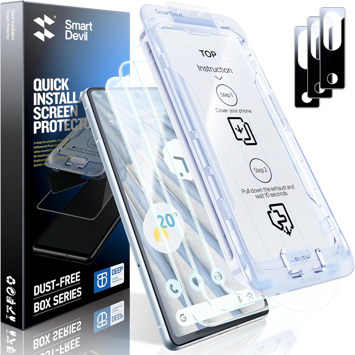 SMARTDEVIL [3+3 Pack for Google Pixel 7A Screen Protector with Camera Lens Protector, Finger Print Reader Compatible, Fast & Easy Installation, Clear 9H Tempered Glass Film, Alignment Frame