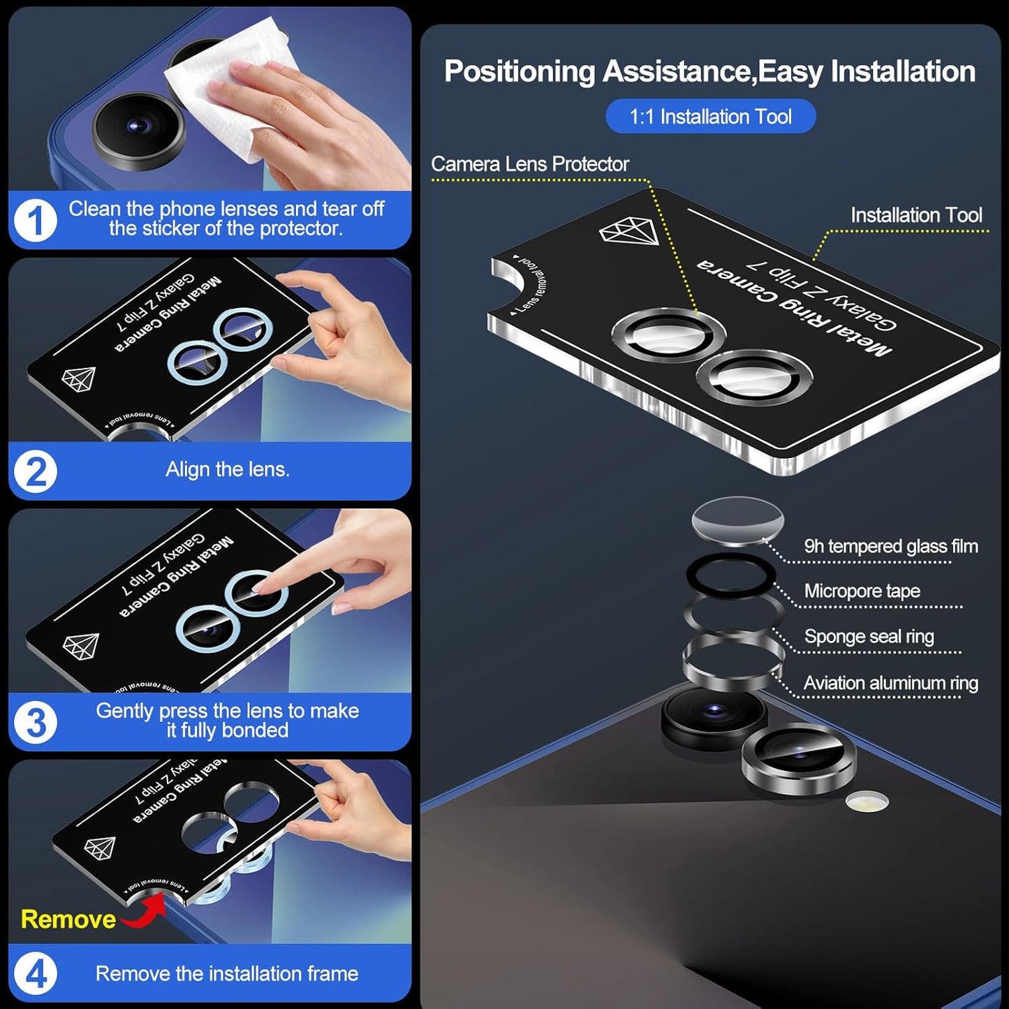 for Samsung Galaxy Z Flip 7 Camera Lens Protector, Individual Metal Ring Tempered Glass Lens Cover, [Strong Adsorption] Scratch Resistant Ultra-Thin HD Clear Lens Cover, 1 Set-Black