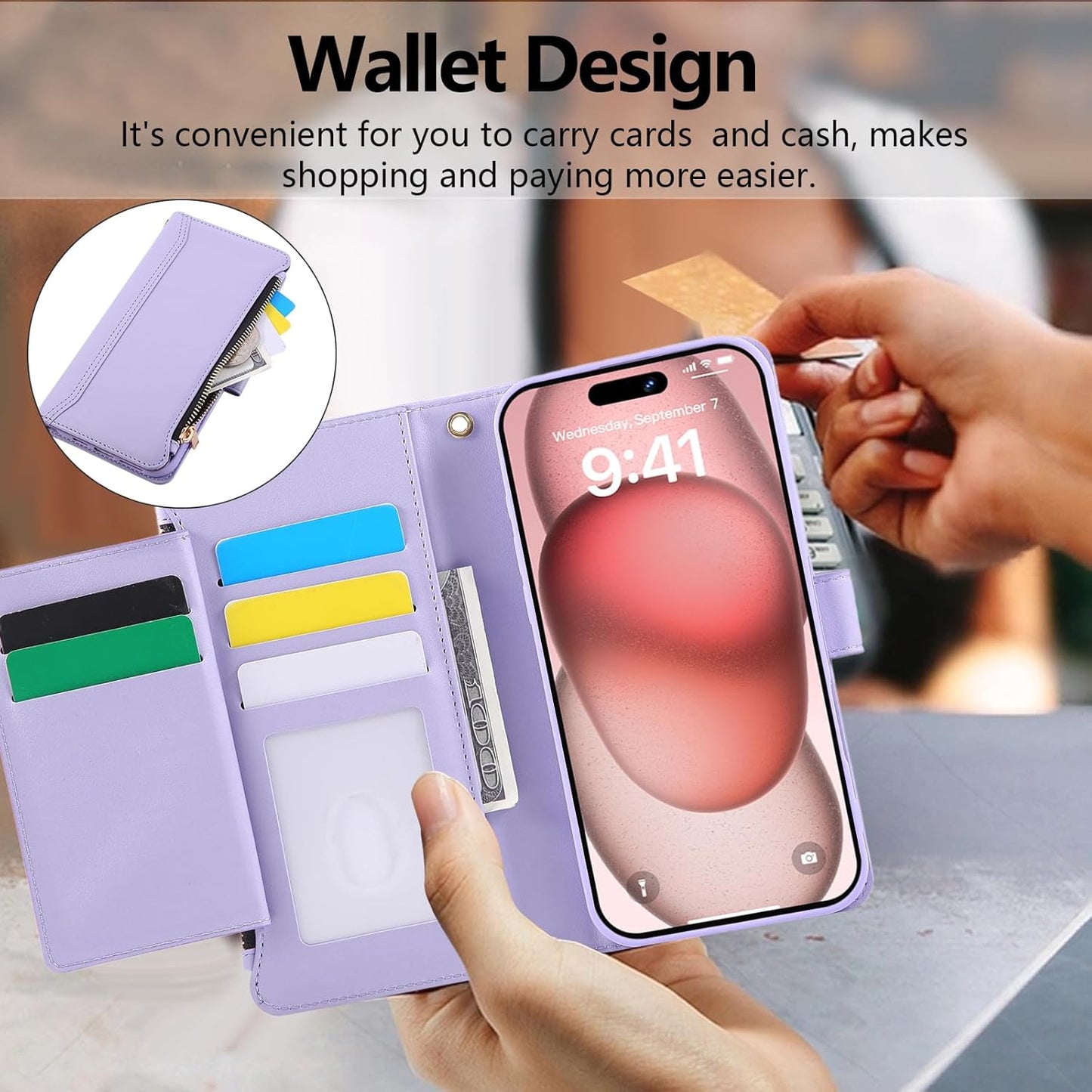 Compatible with iPhone 14 Pro Max Wallet Phone Case-PU Leather Magnetic Flip Cover with Credit Card Slots,Zipper Pocket & Detachable Wrist Strap,Shockproof Design,for Women and Men-Purple