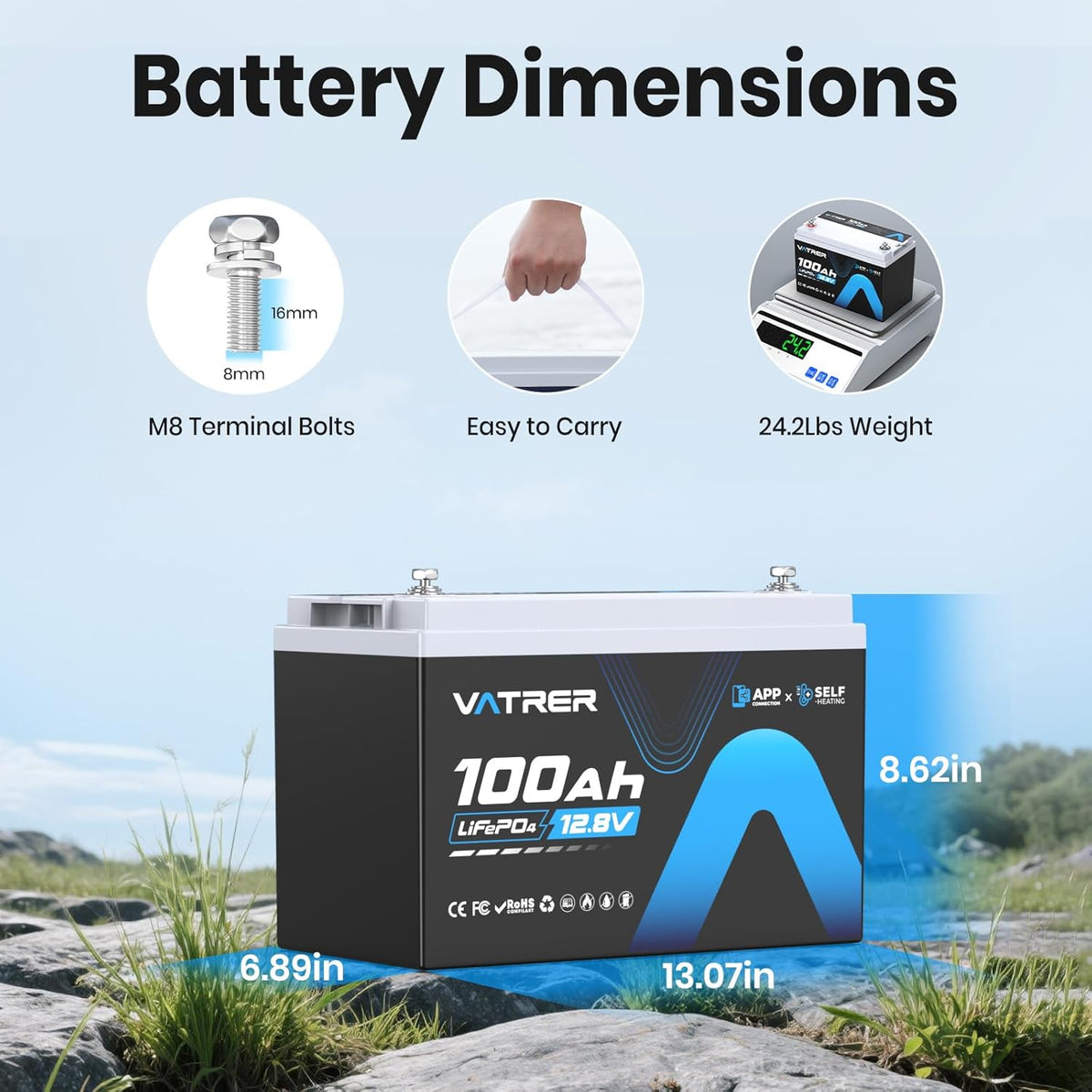 12V 100AH Bluetooth LiFePO4 Lithium Battery with Self-Heating, Built-in 100A BMS, Supports Low Temp Charging(-4°F), 5000+ Cycles, Perfect for RV/Camper, Solar, and Off-Grid Applications, etc.