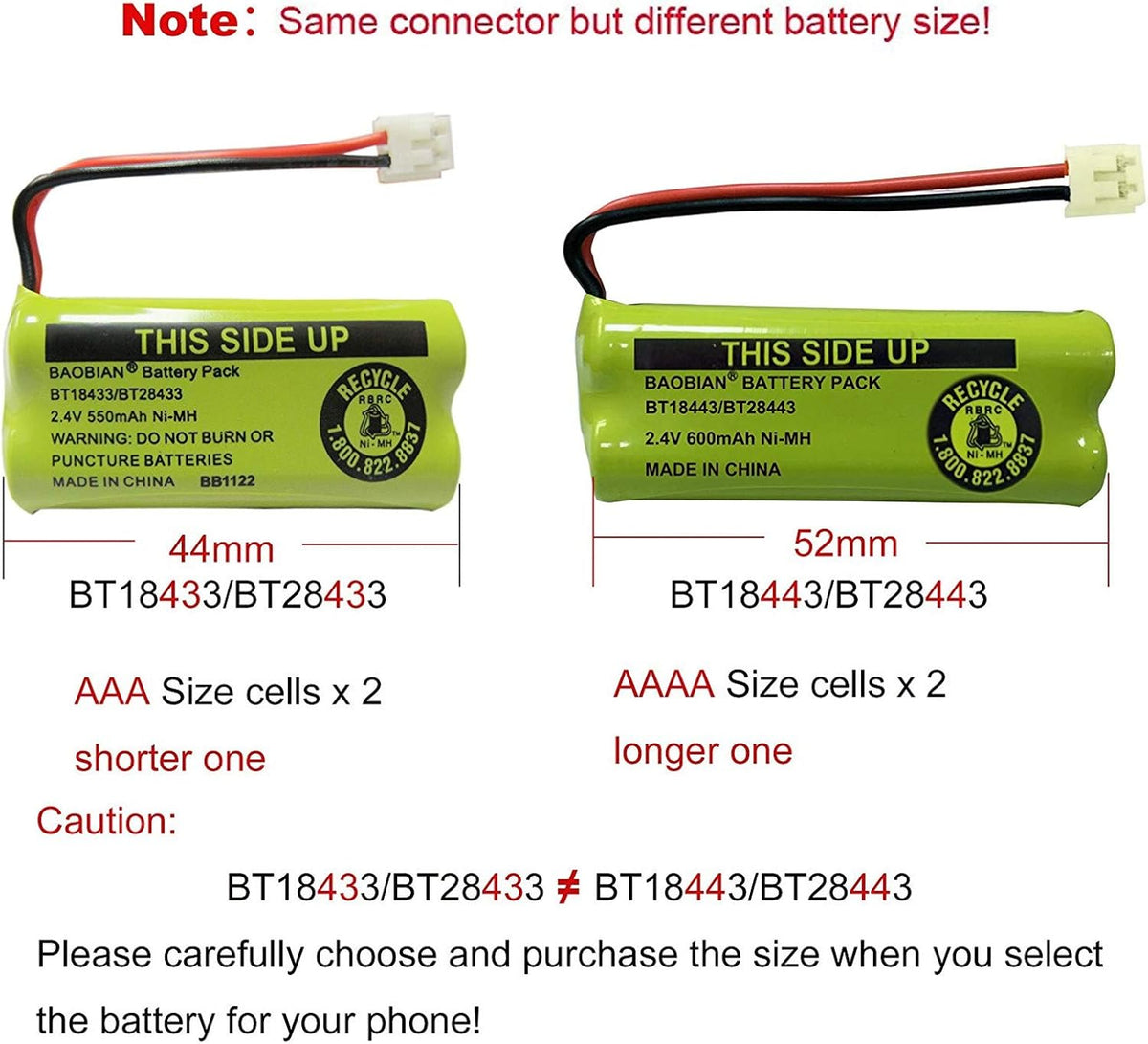 2.4V Rechargeable Cordless Phone Batteries Compatible with for AT&T/Lucent BT-18433 BT-184342 BT-28433 BT-284342 BT-6010 BT-8000 BT-8001 BT-8300 Empire CPH-515D CPH515D(Pack of 2)