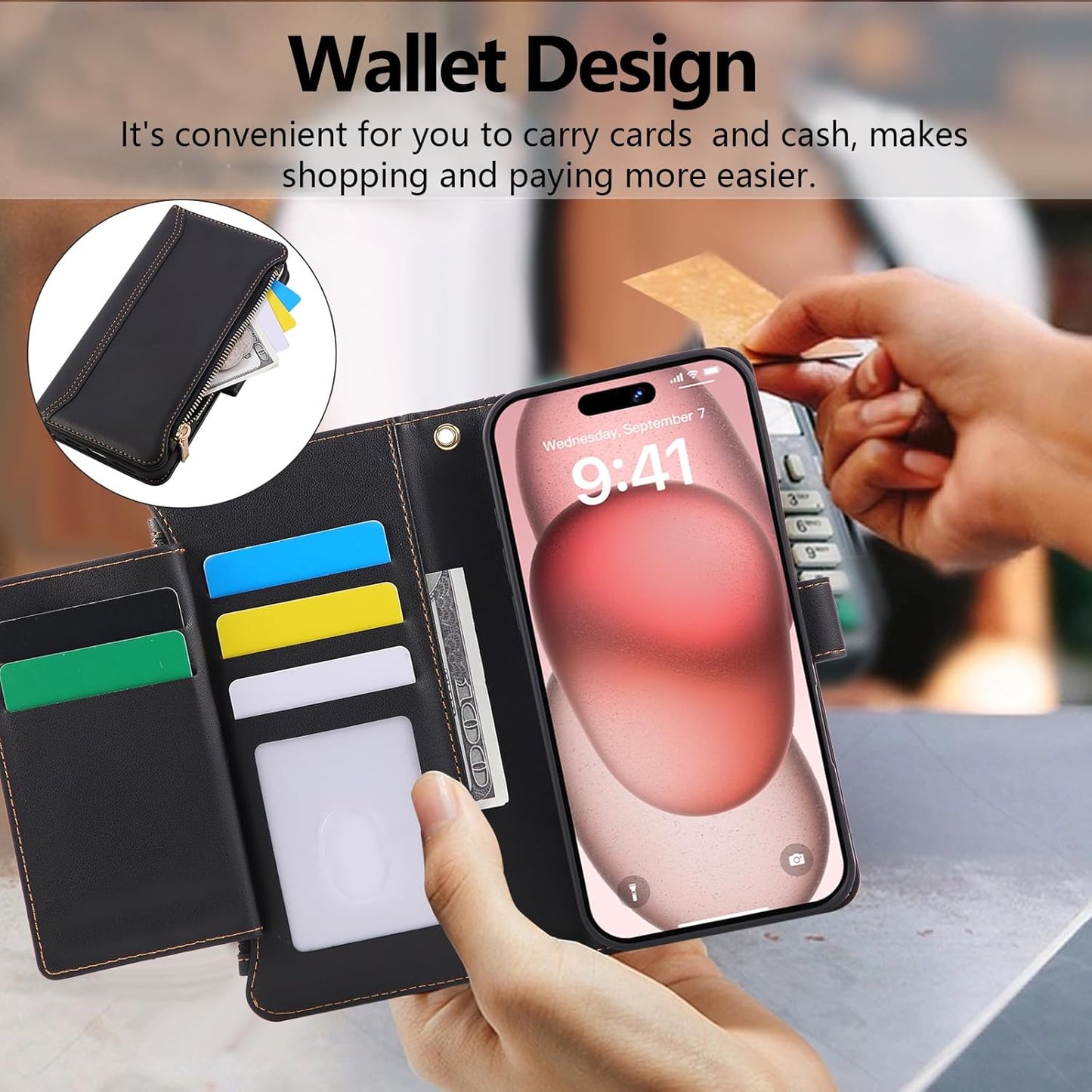 Compatible with iPhone 16 Wallet Phone Case-PU Leather Magnetic Flip Cover with Credit Card Slots,Zipper Pocket & Detachable Wrist Strap,Shockproof Design,for Women and Men-Black