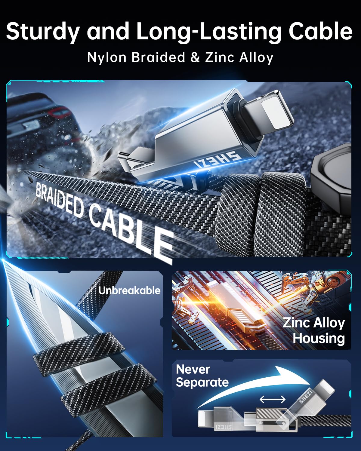 SHEZI [Upgraded 2.0] 4-in-1 USB C Cable 60W 5FT Compatible with Lightning Cable [Fast Charging & Data Transfer] Flat Braided Multi Charger Cord Combo with L/USB C/A Port for iPhone/iPad & All Devices