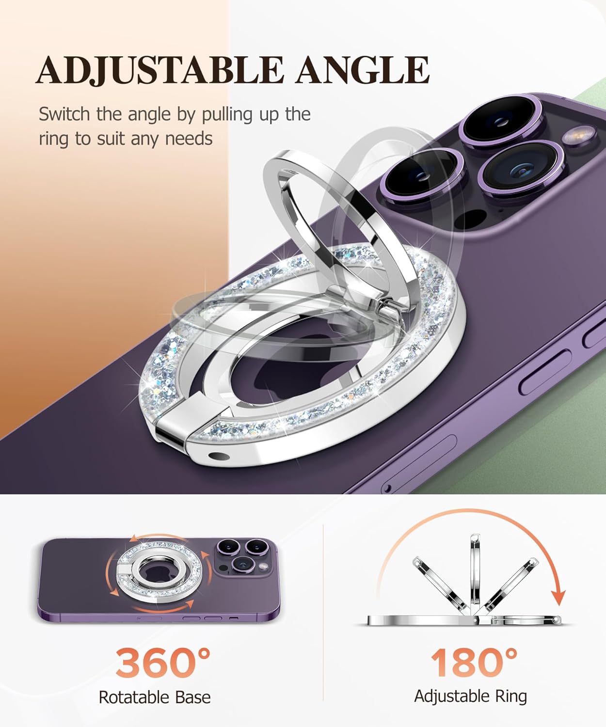 GVIEWIN Magnetic Phone Ring Holder, Compatible with MagSafe Phone Grip with Adjustable Stand, Magnet Phone Ring Kickstand for iPhone 16 Pro Max/Plus/15/14/13/12 Series/Other Phones (Glitter/Silver)