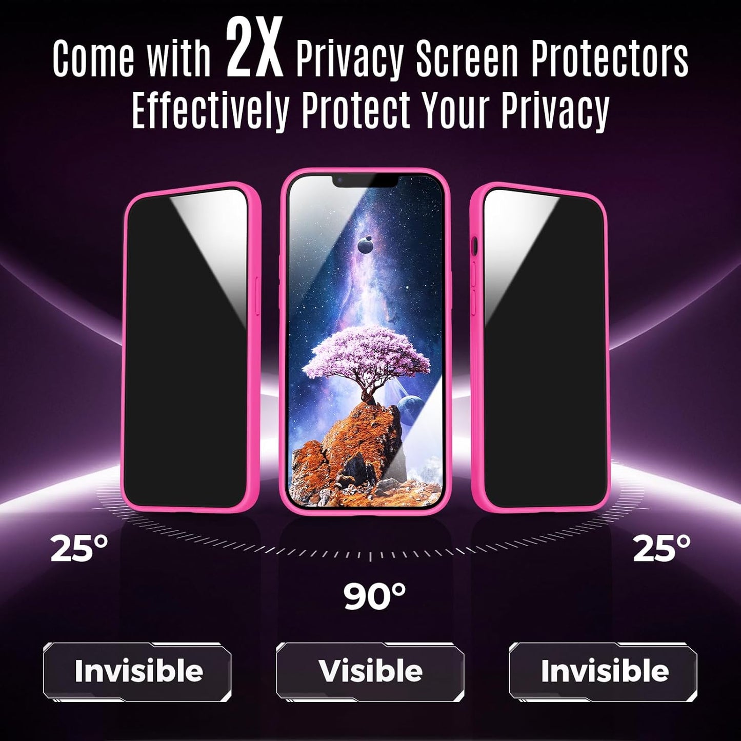 Designed for iPhone 12 Pro Case, Compatible with MagSafe, with Privacy Screen Protectors X2, [Camera Protection] [15FT Military Drop Protection] Shockproof Phone Case, 6.1", Hot Pink
