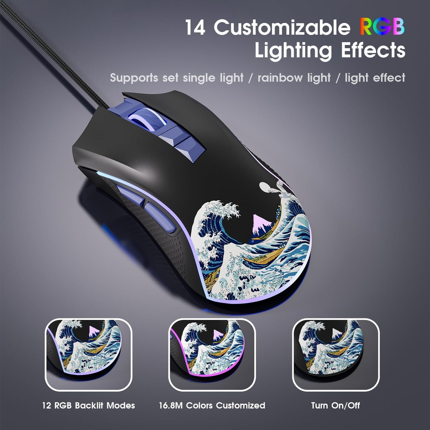 HITIME XVX Wired Gaming Mouse, 12000 DPI RGB Mouse with 12 Backlit Modes & 7 Macro Buttons, PC Gaming Mice Support DIY Keybinding, Gamer Computer Mice for Laptop PC Mac Windows, Kanagawa