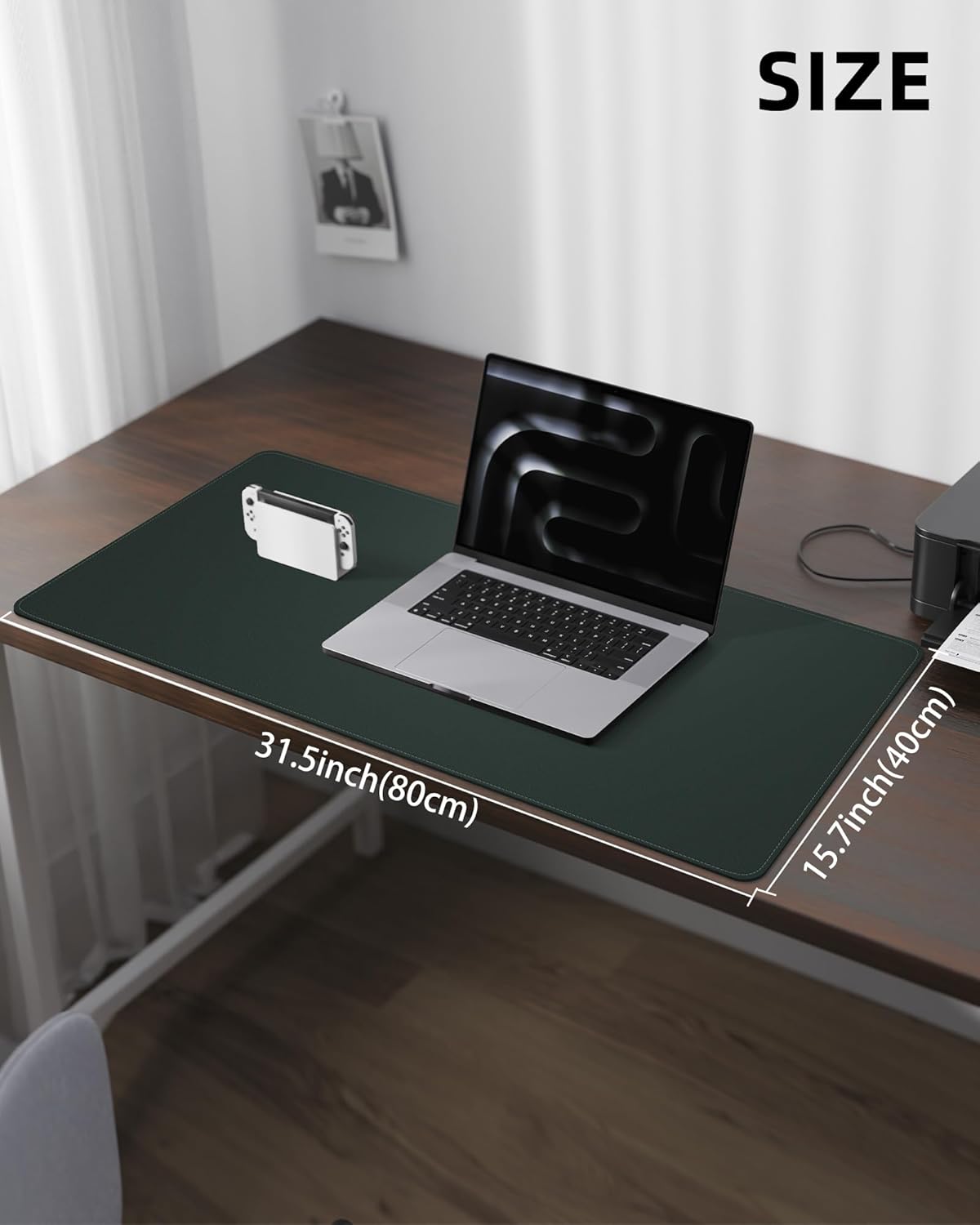 Leather Desk Pad Protector, Green Office Mat, Non-Slip PU Leather Blotter, Laptop Desk Pad, Waterproof Writing Pad (Dark Green, 31.5" x 15.7")