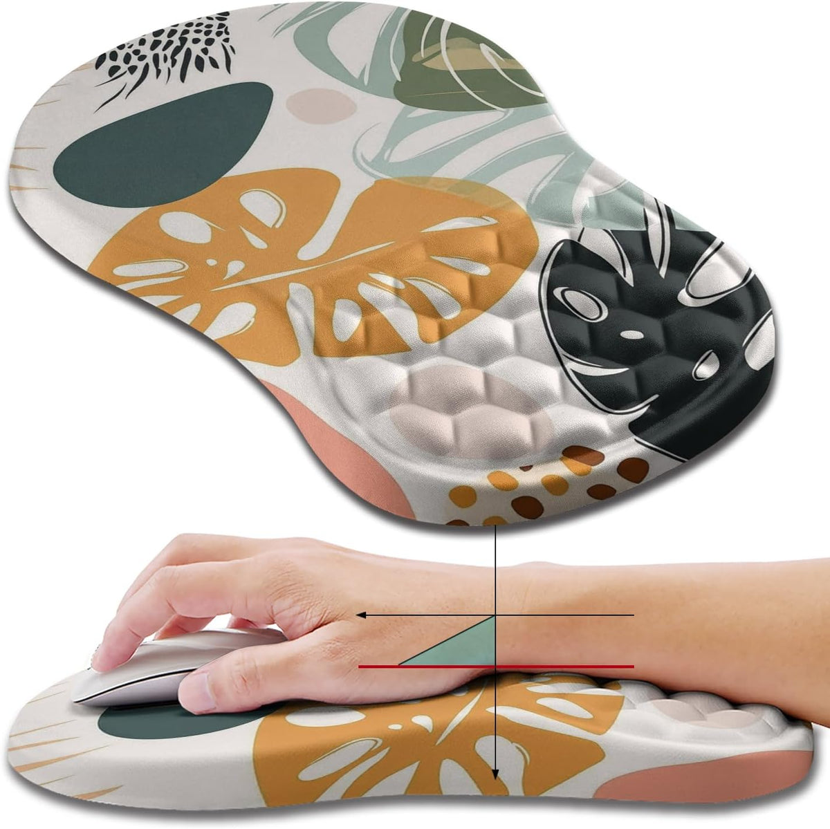 Hokafenle Ergonomic Mouse Pad Wrist Support, Wrist Rest Mousepad for Carpal Tunnel Pain Relief with Integrated Memory Foam Slope Massage Bulge (11.8x7.9 inch,Abstract Leaves