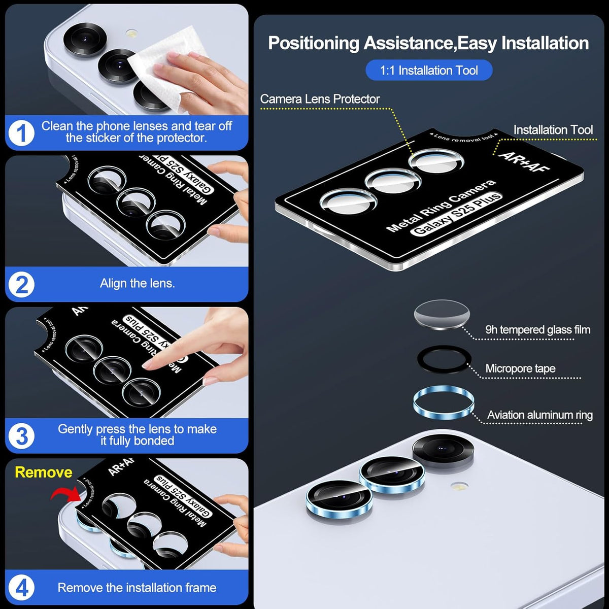 for Samsung Galaxy S25 Plus Camera Lens Protector, Individual Metal Ring Tempered Glass Lens Cover, [Strong Adsorption] Scratch Resistant Ultra-Thin HD Clear Lens Cover, 1 Set-Blue Ring